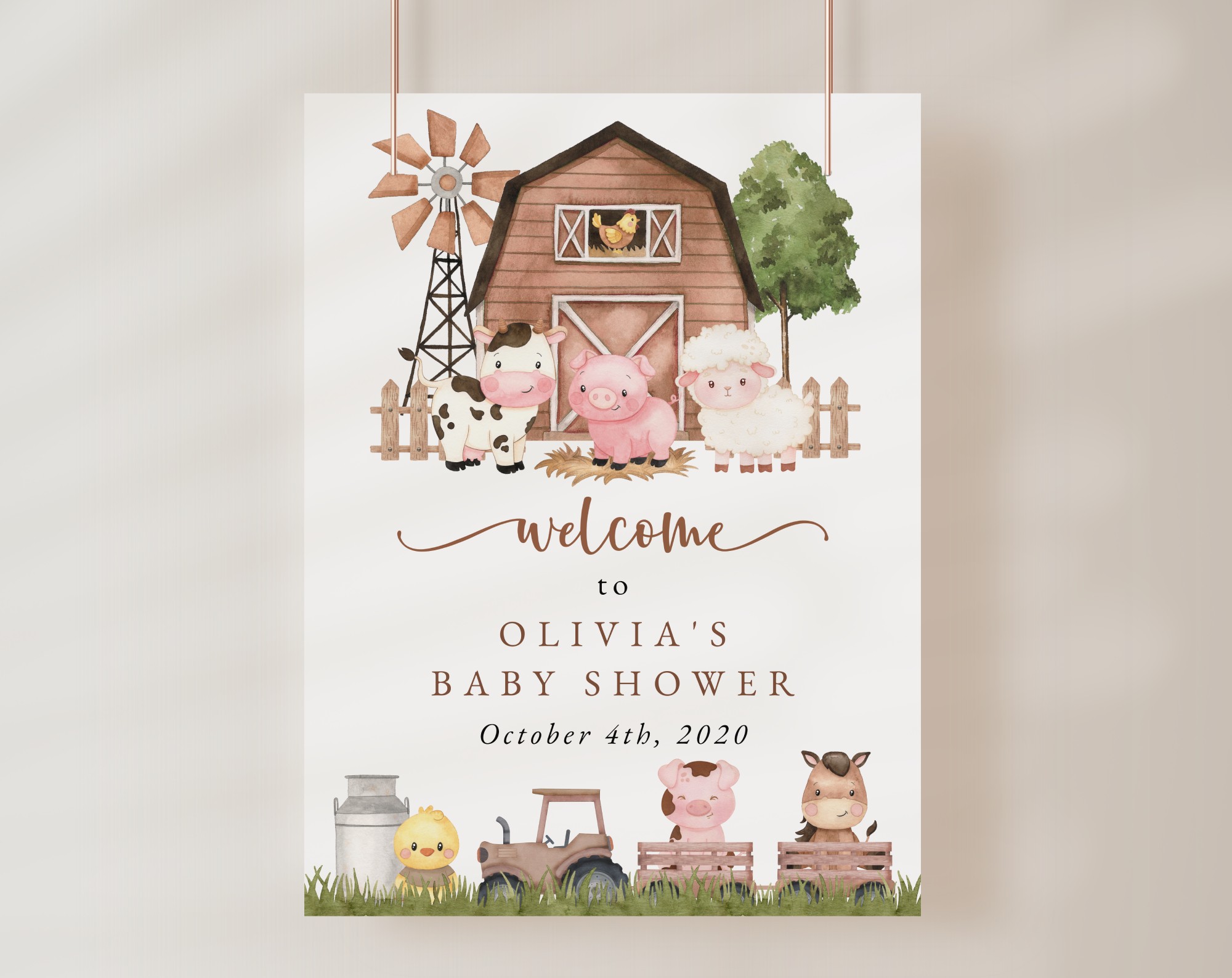 Farm Animals and Brown Barn Welcome Sign, Baby Shower Sign, Gender Neutral Baby Shower, Printable File, Edit Yourself, SH103