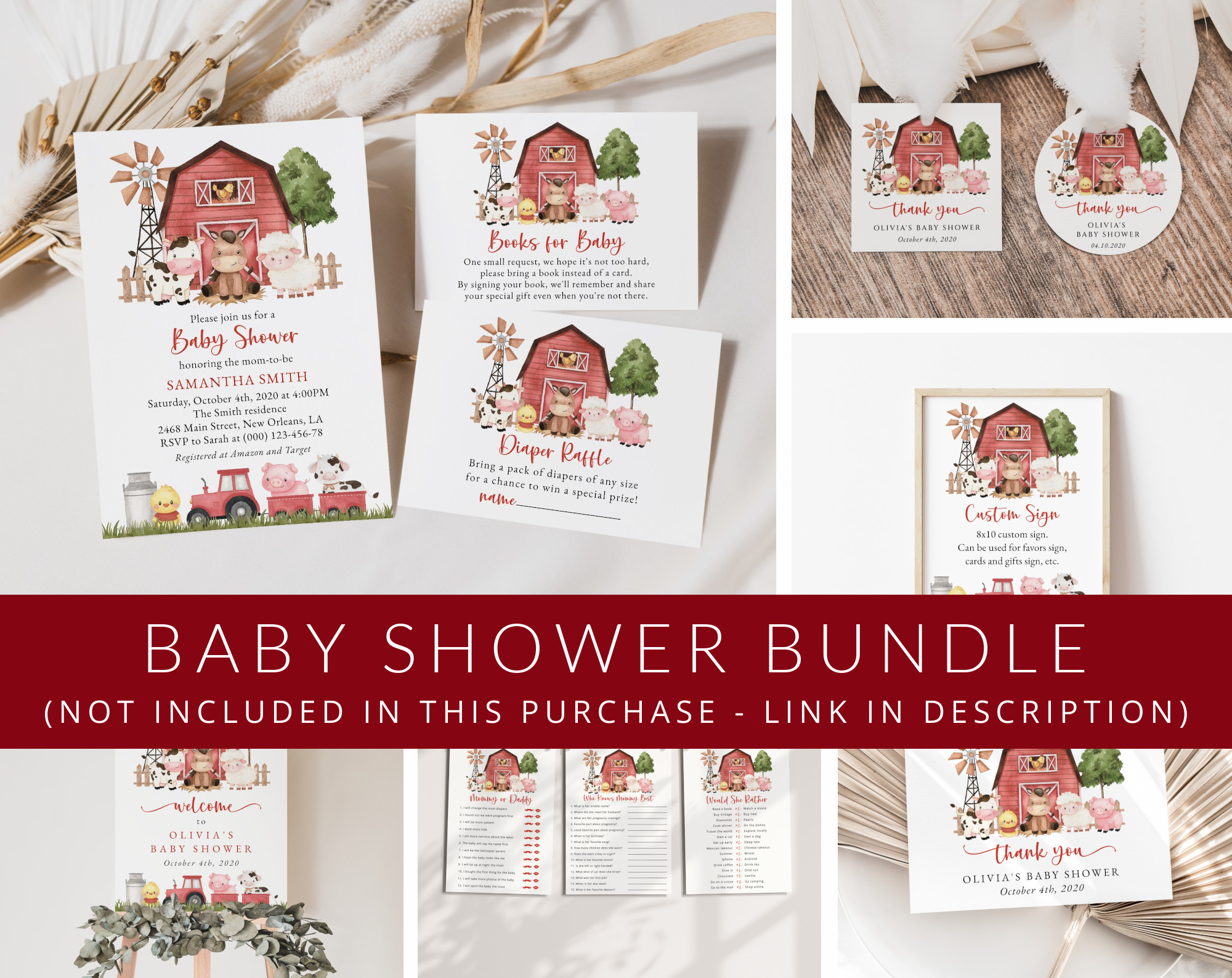 Farm Animals and Red Barn Baby Shower Mini Bundle, Girl Baby Shower, Printable File, Edit Yourself, SH104