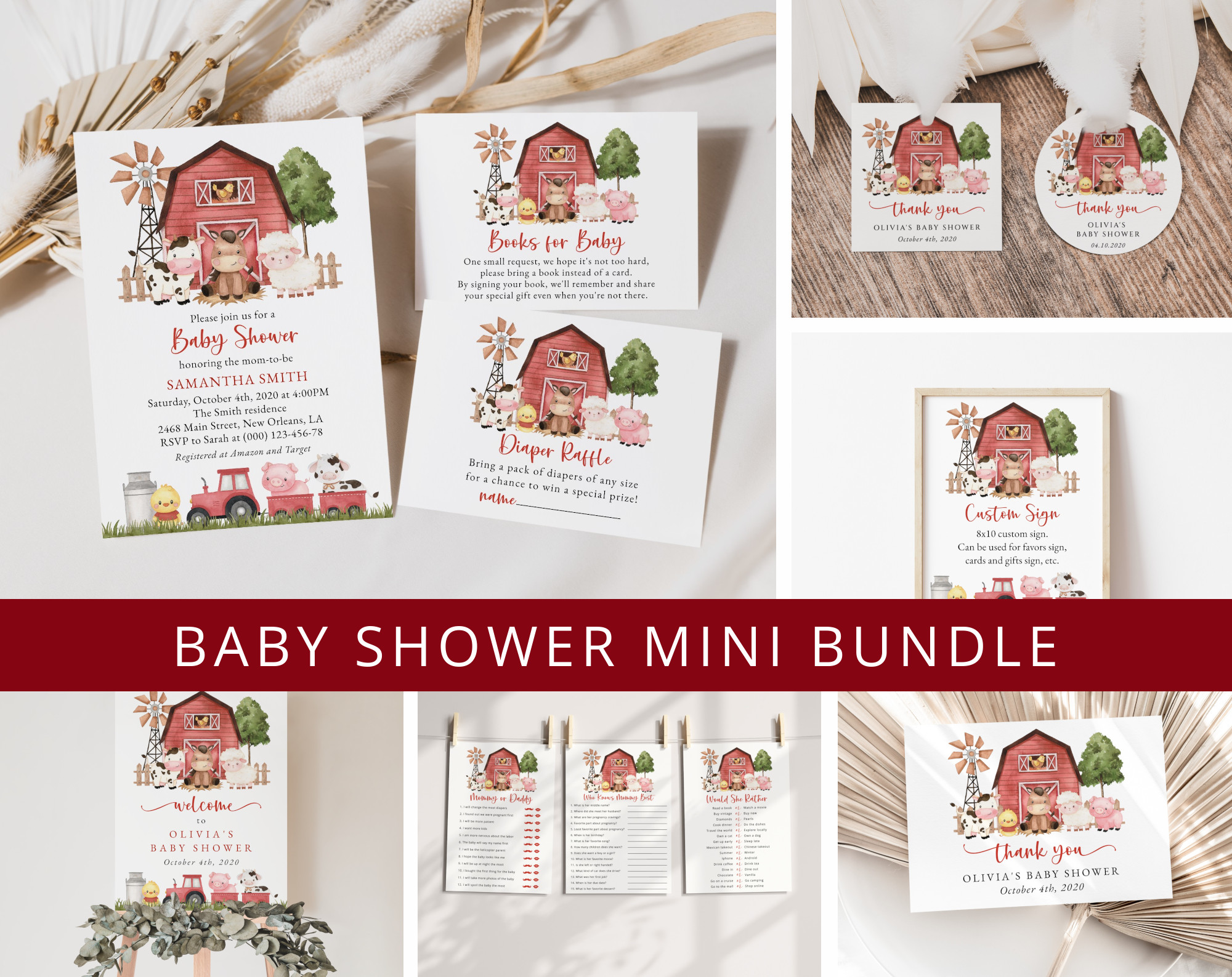 Farm Animals and Red Barn Baby Shower Mini Bundle, Girl Baby Shower, Printable File, Edit Yourself, SH104