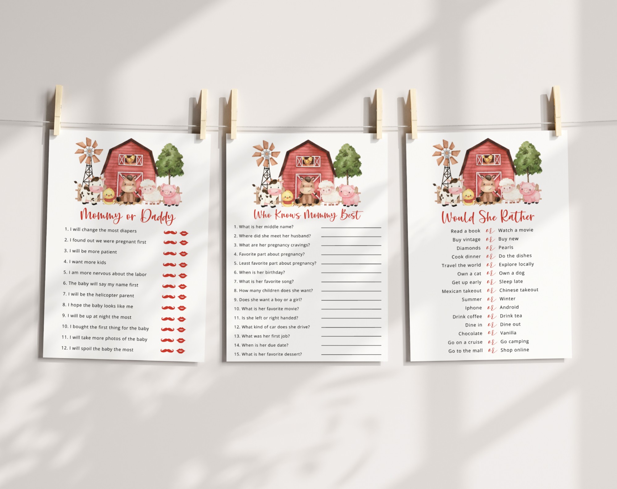 Farm Animals and Red Barn Baby Shower Games, Set of 3 Games, Girl Baby Shower, Printable File, Edit Yourself, SH104