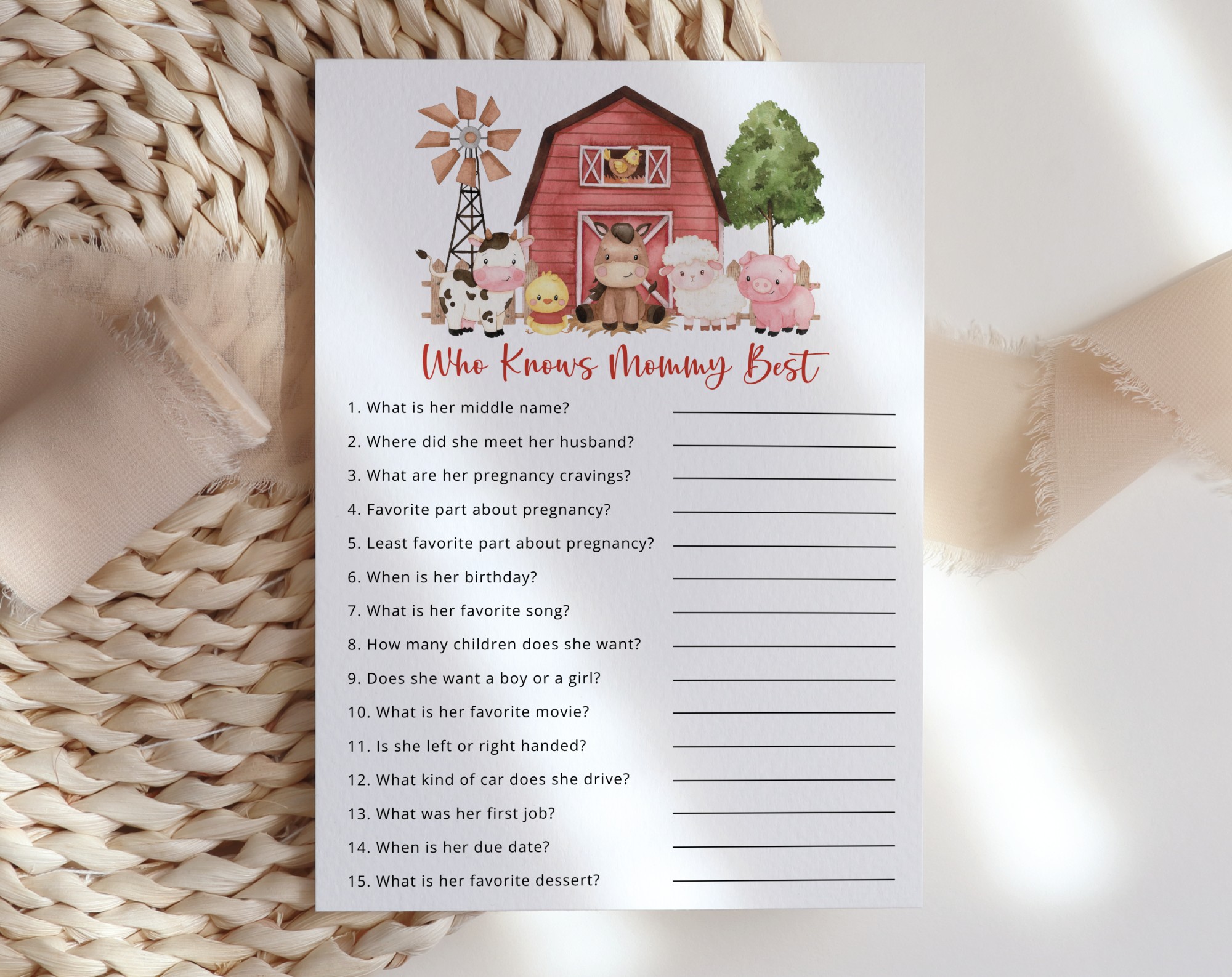 Farm Animals and Red Barn Baby Shower Games, Set of 3 Games, Girl Baby Shower, Printable File, Edit Yourself, SH104