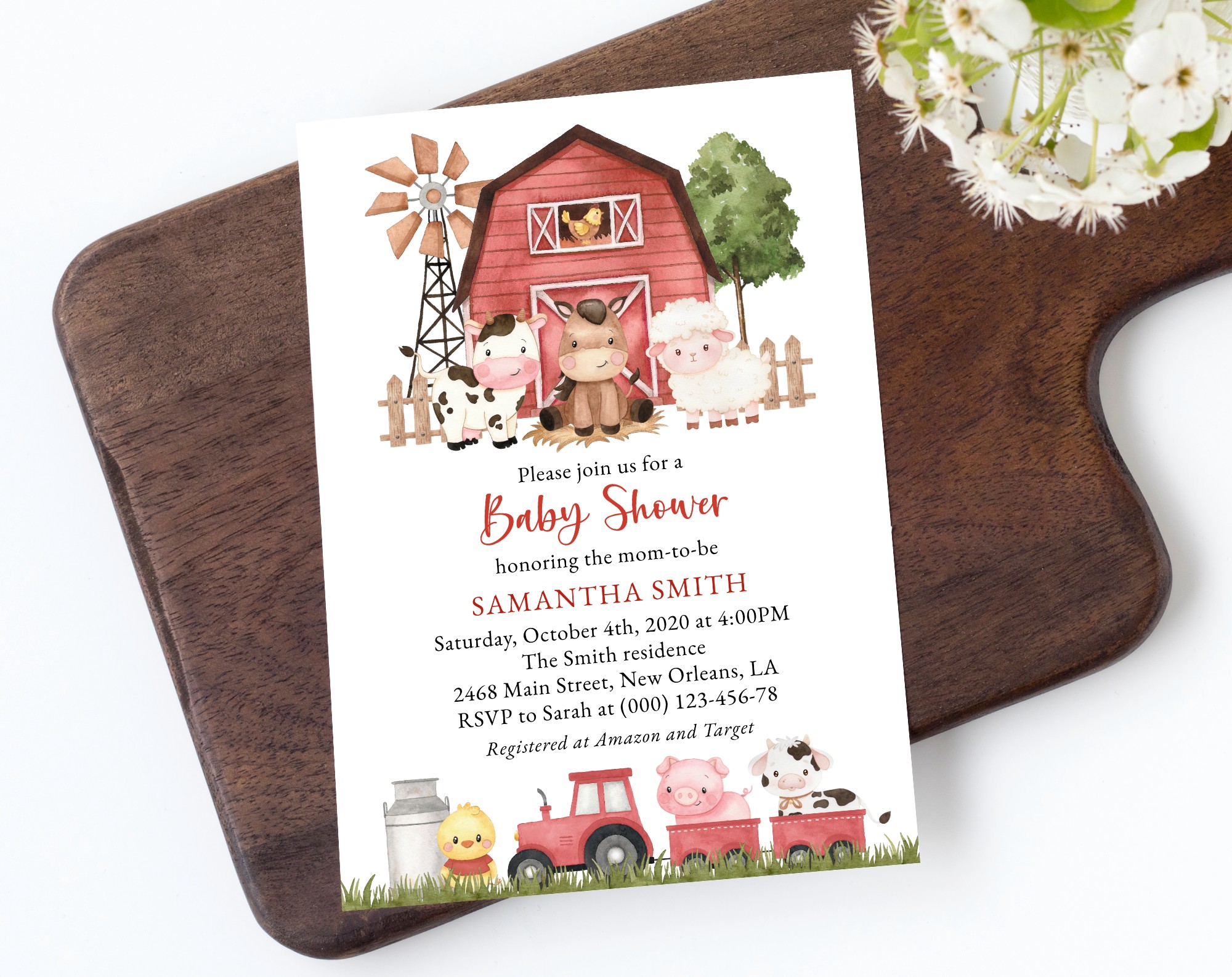 Farm Animals and Red Barn Baby Shower Invitation, Girl Baby Shower, Printable File, Edit Yourself, SH104