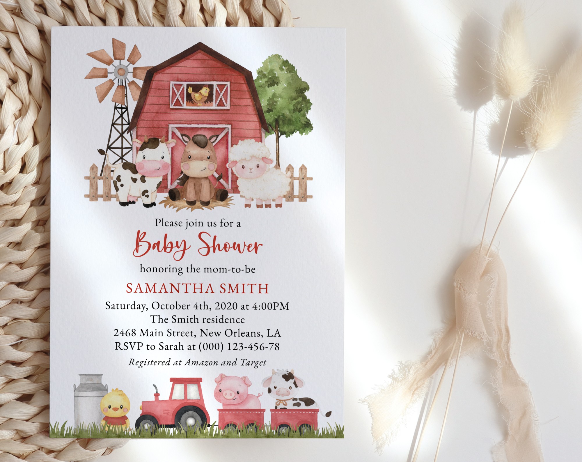 Farm Animals and Red Barn Baby Shower Invitation, Girl Baby Shower, Printable File, Edit Yourself, SH104