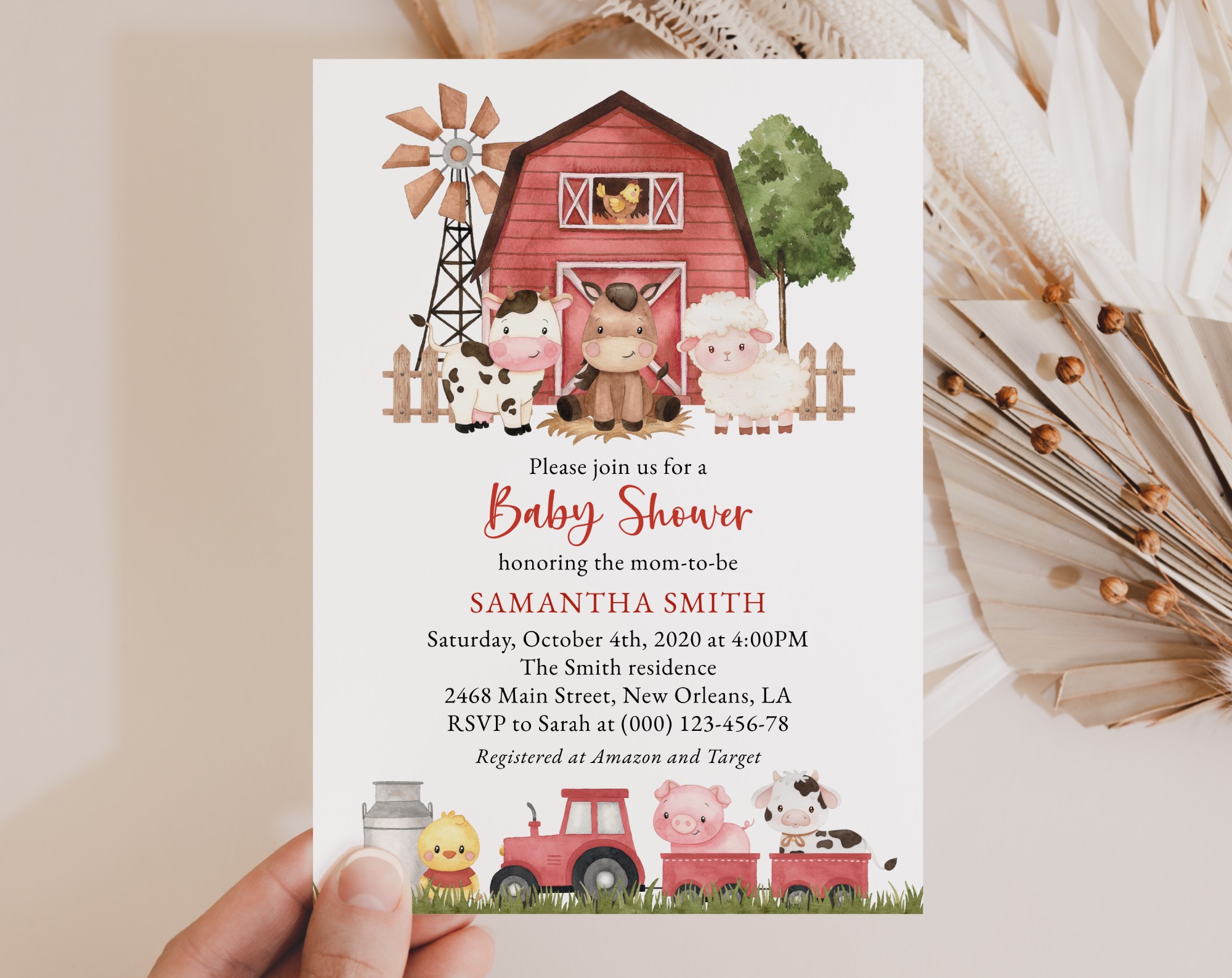 Farm Animals and Red Barn Baby Shower Invitation, Girl Baby Shower, Printable File, Edit Yourself, SH104
