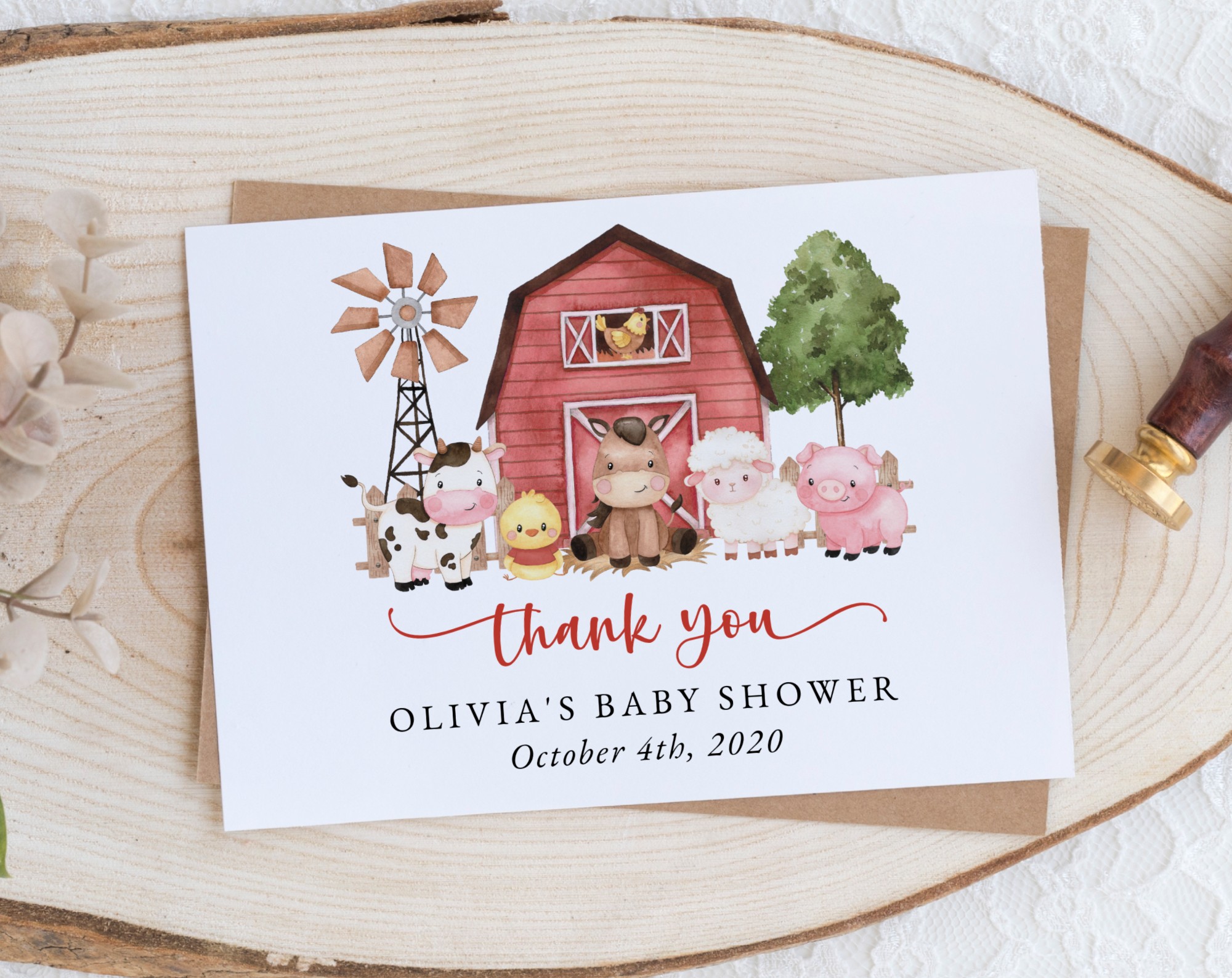 Farm Animals and Red Barn Thank You Card, Girl Baby Shower, Printable File, Edit Yourself, SH104