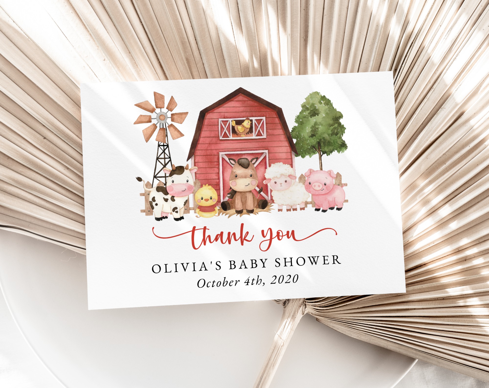 Farm Animals and Red Barn Thank You Card, Girl Baby Shower, Printable File, Edit Yourself, SH104