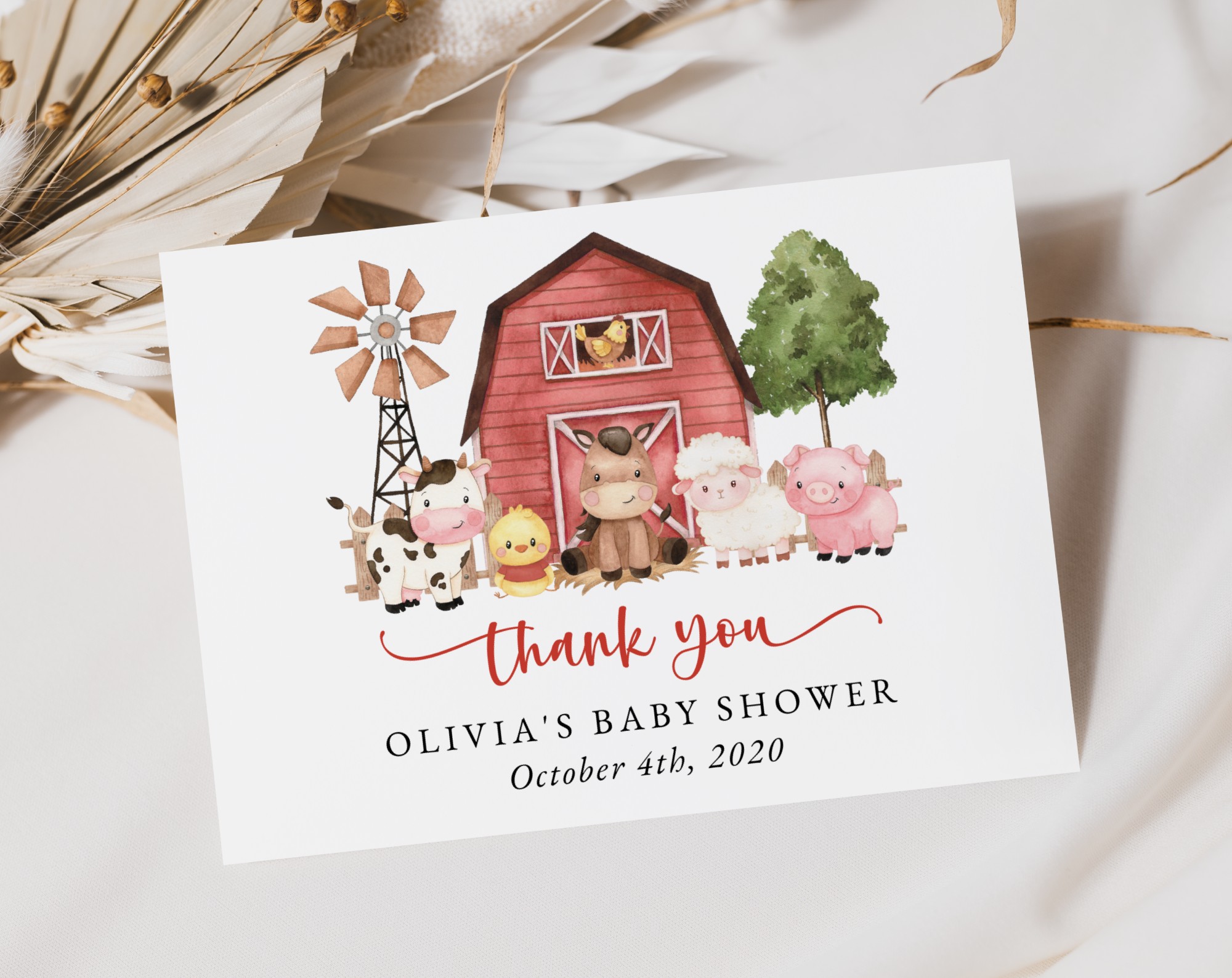 Farm Animals and Red Barn Thank You Card, Girl Baby Shower, Printable File, Edit Yourself, SH104