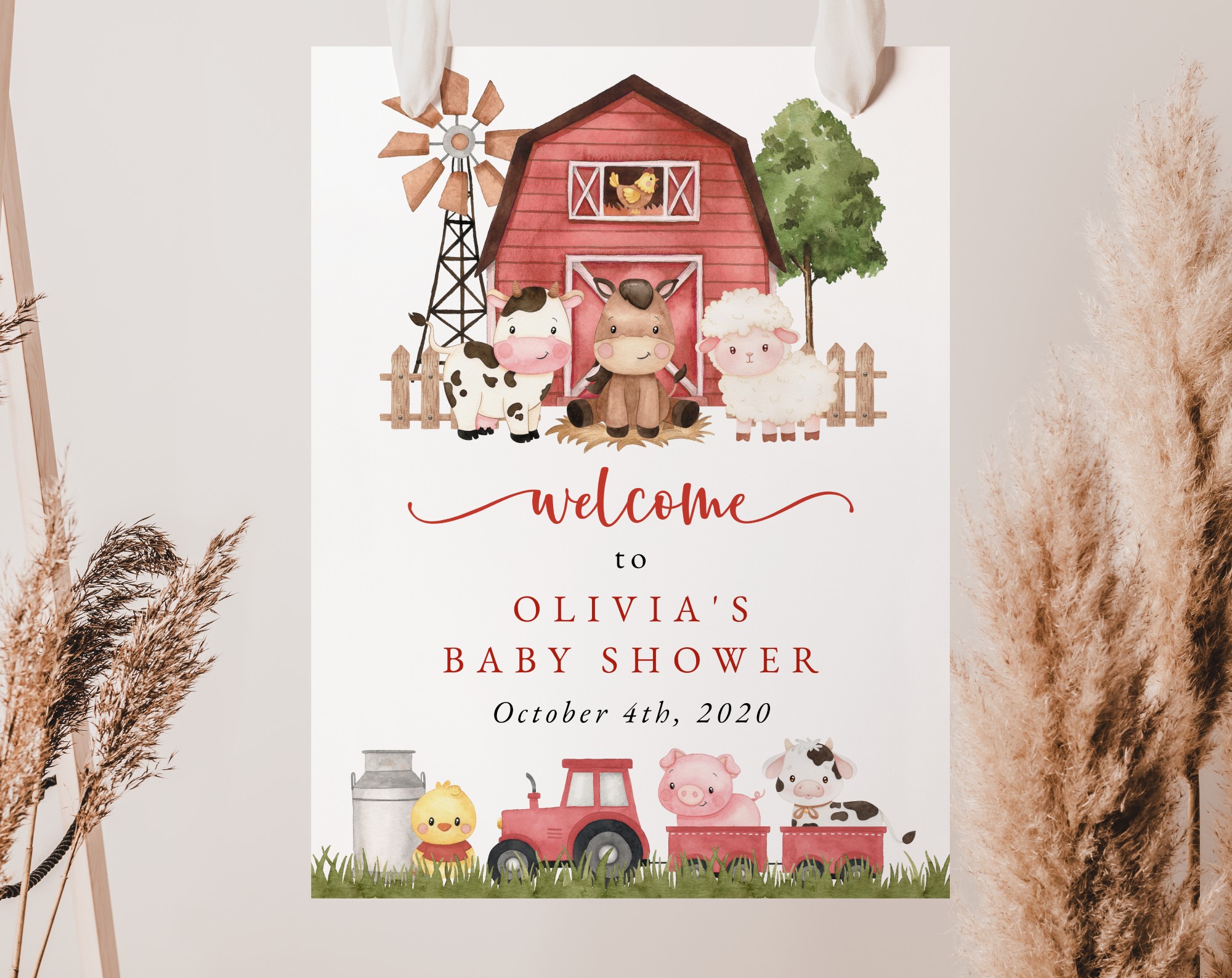 Farm Animals and Red Barn Welcome Sign, Baby Shower Sign, Girl Baby Shower, Printable File, Edit Yourself, SH104