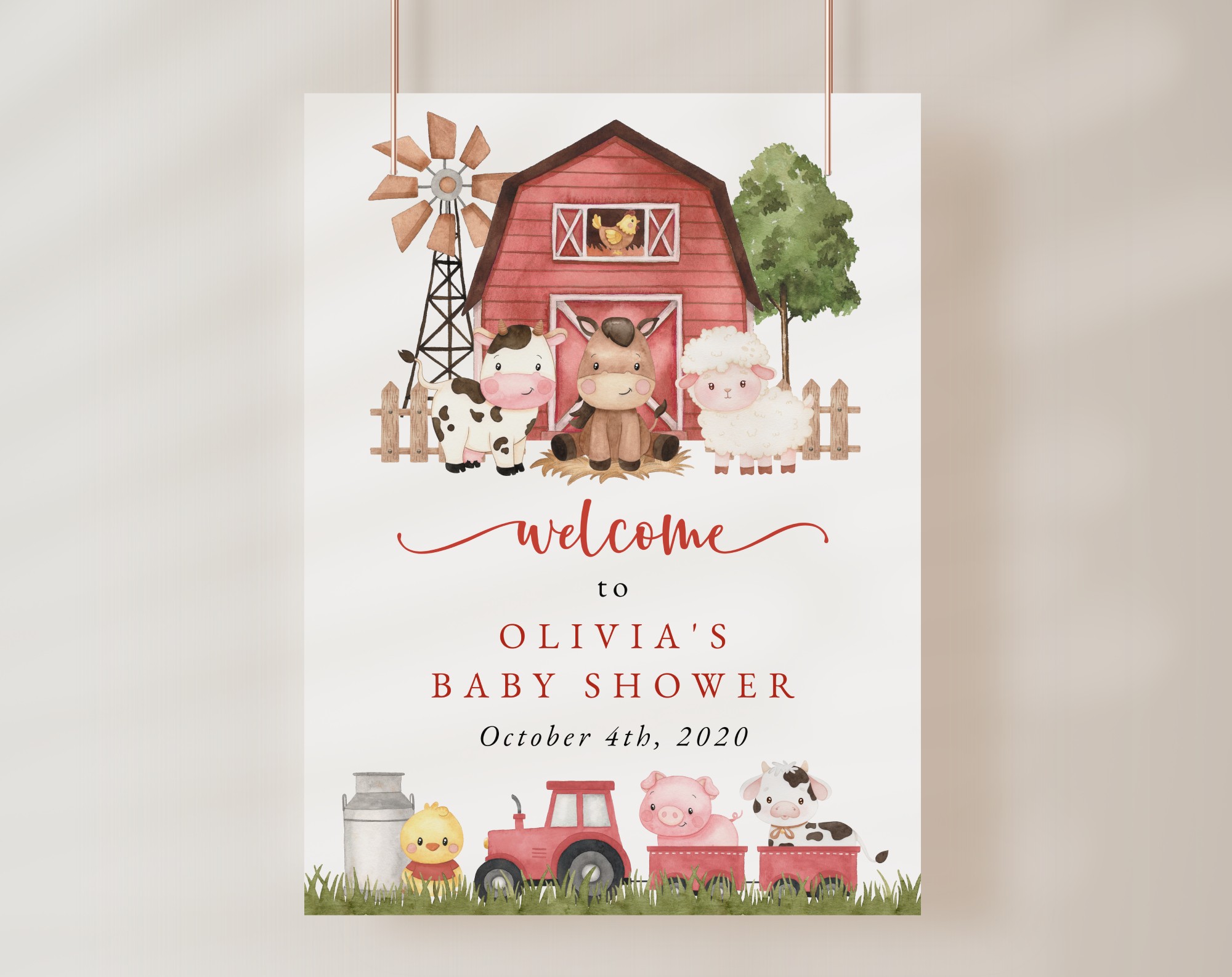 Farm Animals and Red Barn Welcome Sign, Baby Shower Sign, Girl Baby Shower, Printable File, Edit Yourself, SH104