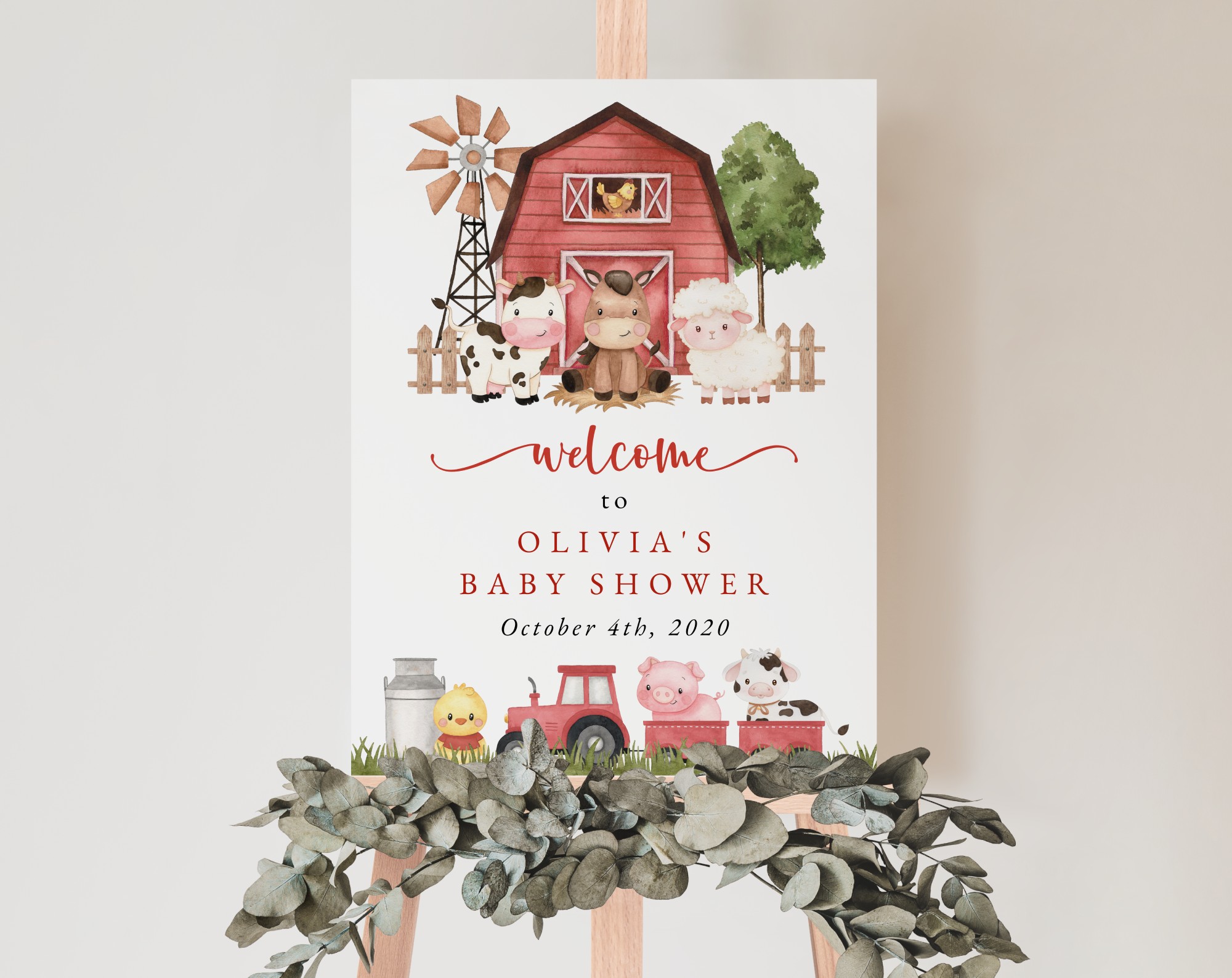 Farm Animals and Red Barn Welcome Sign, Baby Shower Sign, Girl Baby Shower, Printable File, Edit Yourself, SH104