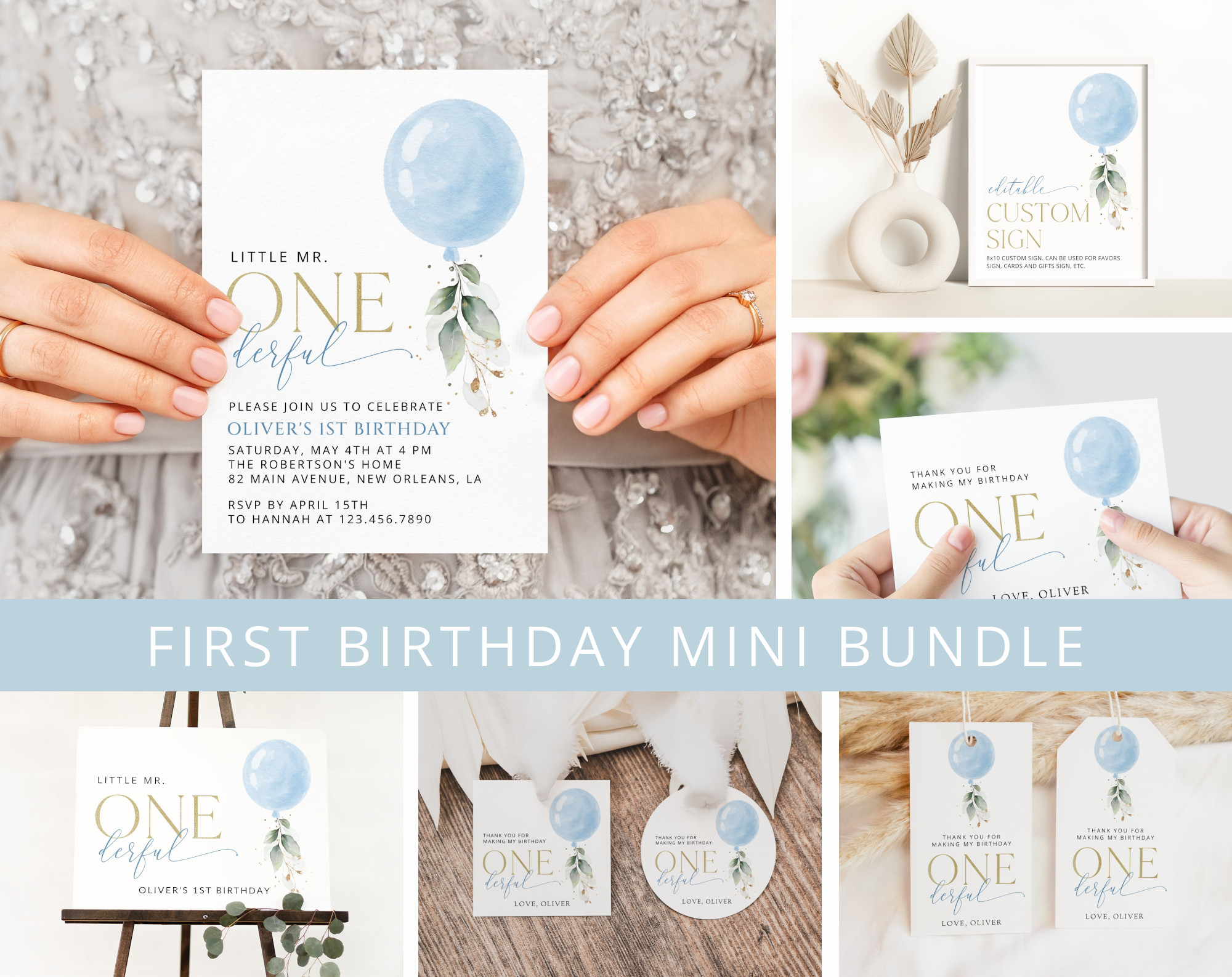 Blue Balloon First Birthday Mini Bundle, Boy Birthday, Printable File, Edit Yourself, SH105