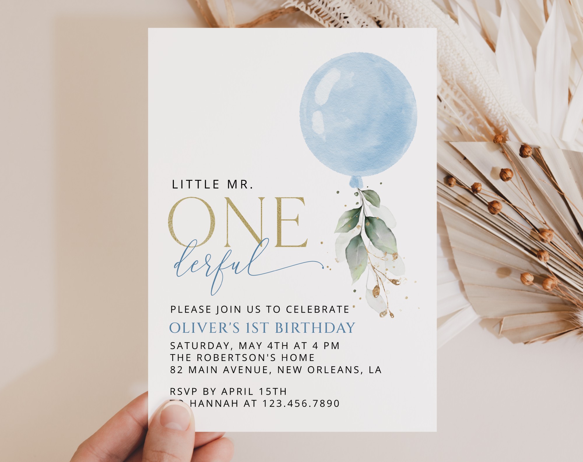 Blue Balloon First Birthday Invitation, Birthday Stationery, Boy Birthday, Printable File, Edit Yourself, SH105