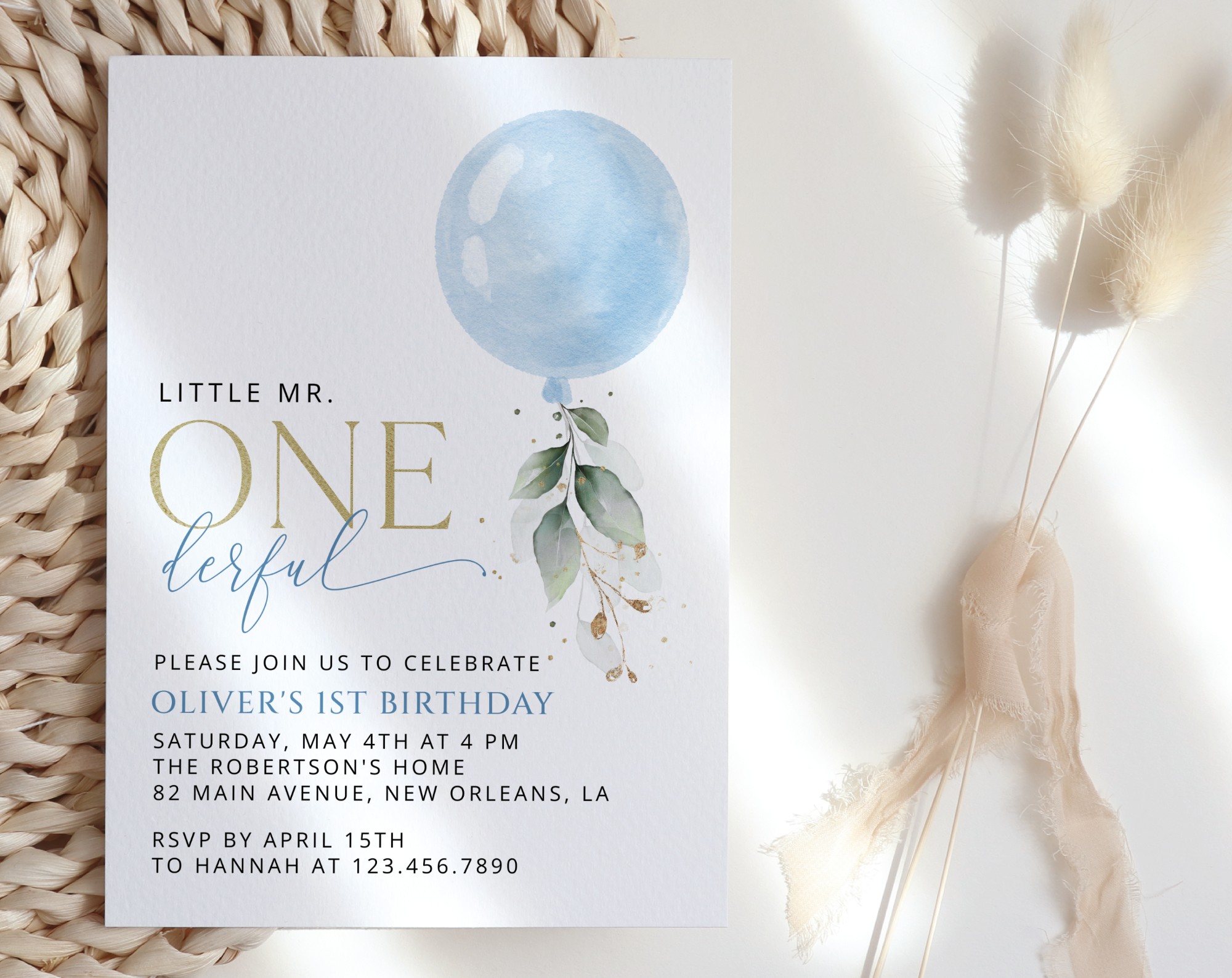 Blue Balloon First Birthday Invitation, Birthday Stationery, Boy Birthday, Printable File, Edit Yourself, SH105