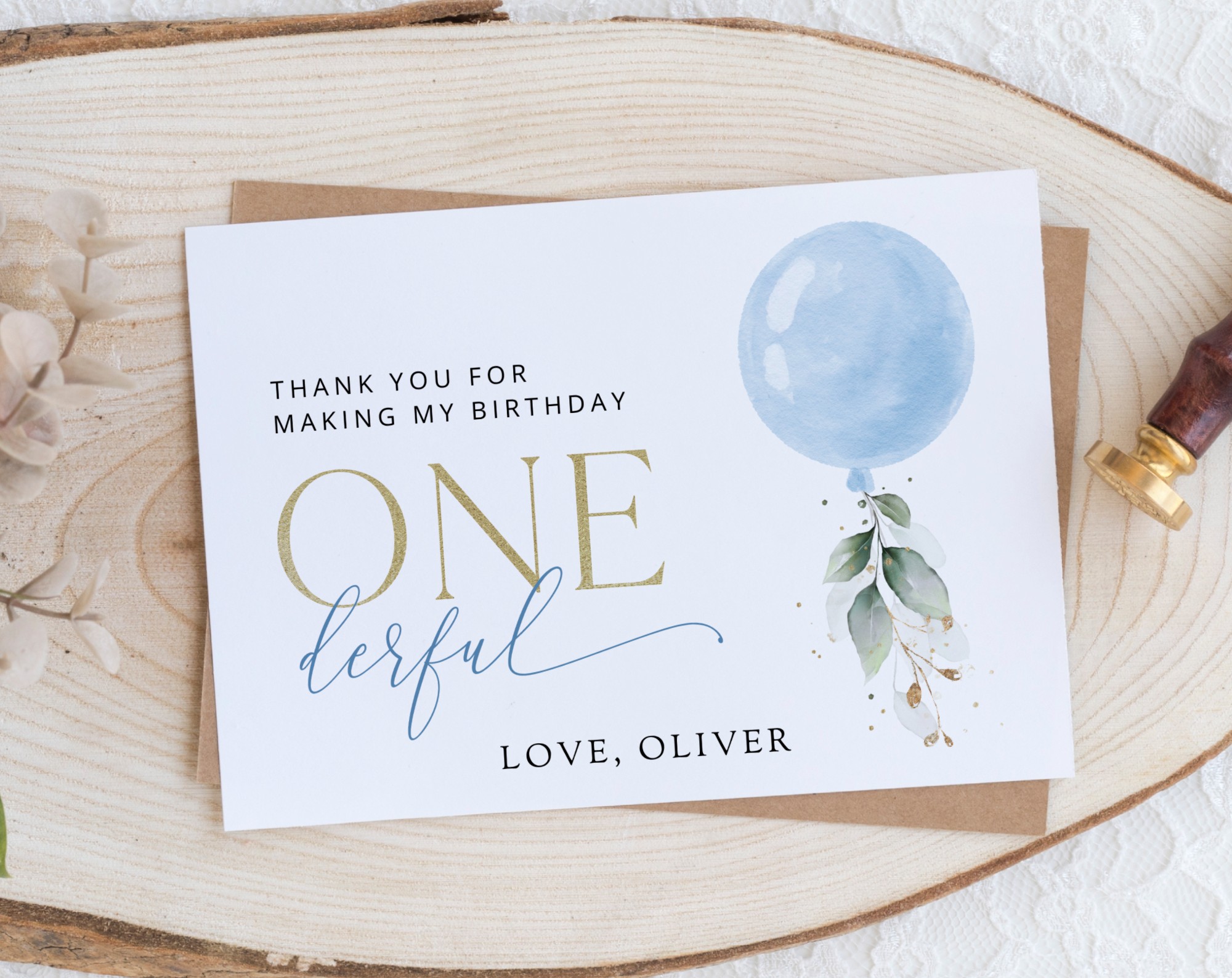 Blue Balloon Thank You Card, First Birthday, Boy Birthday, Printable File, Edit Yourself, SH105