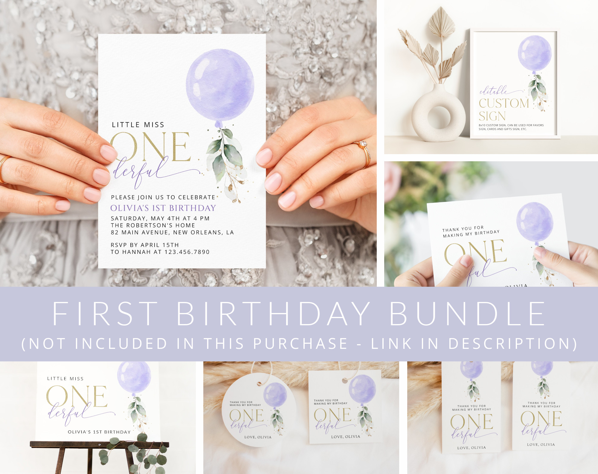 Purple Balloon First Birthday Mini Bundle, Girl Birthday, Printable File, Edit Yourself, SH106