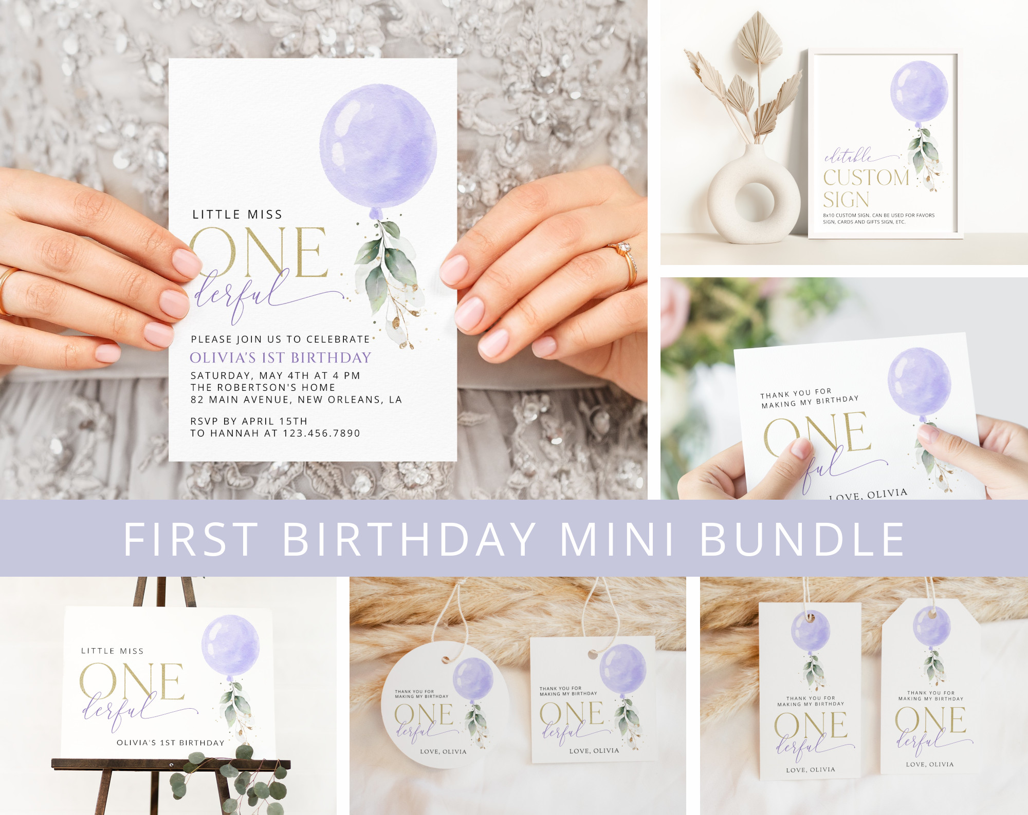 Purple Balloon First Birthday Mini Bundle, Girl Birthday, Printable File, Edit Yourself, SH106