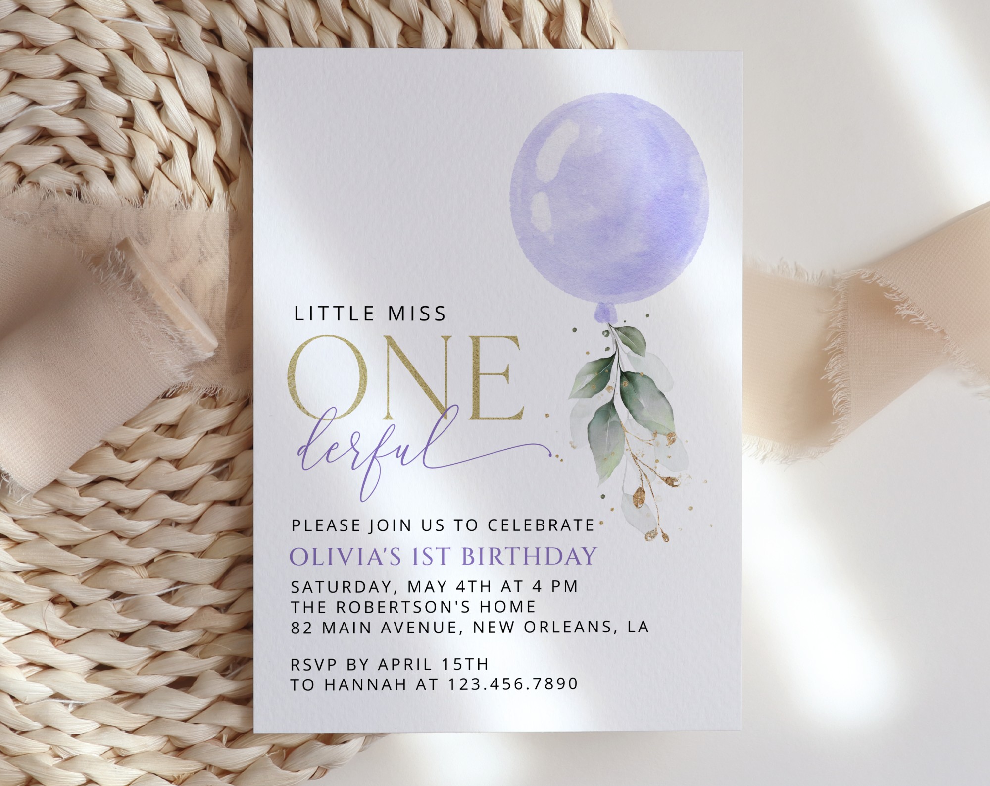 Purple Balloon First Birthday Invitation, Birthday Stationery, Girl Birthday, Printable File, Edit Yourself, SH106