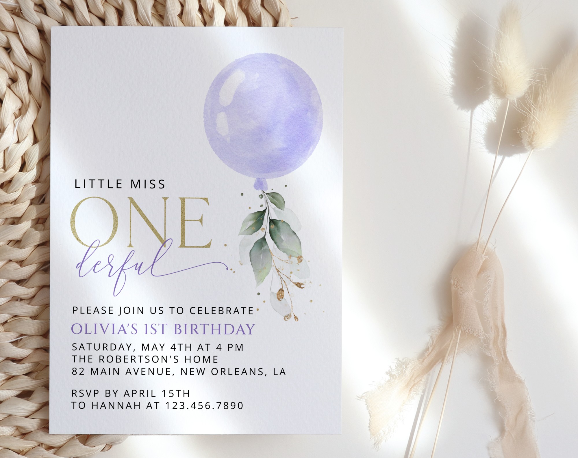 Purple Balloon First Birthday Invitation, Birthday Stationery, Girl Birthday, Printable File, Edit Yourself, SH106