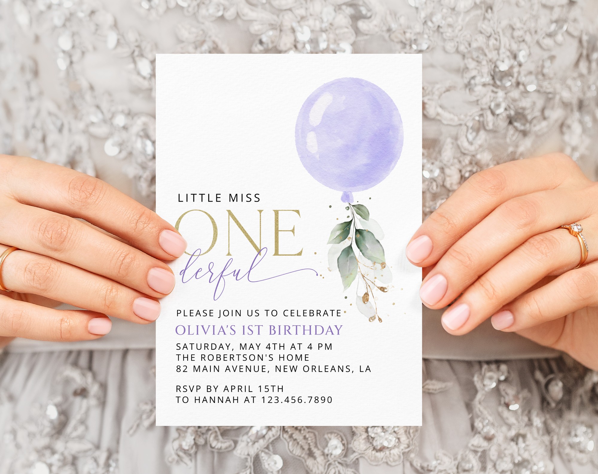 Purple Balloon First Birthday Invitation, Birthday Stationery, Girl Birthday, Printable File, Edit Yourself, SH106