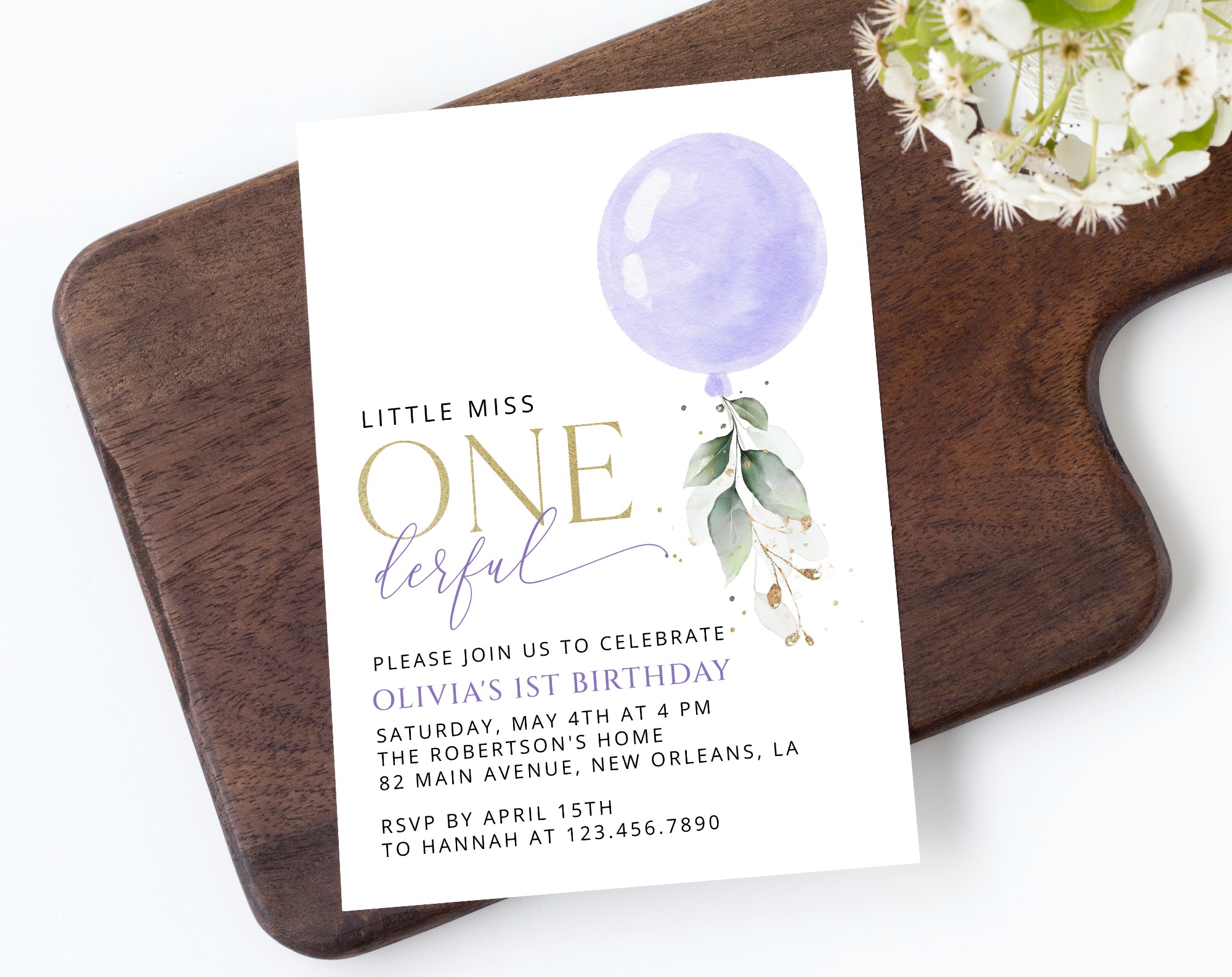 Purple Balloon First Birthday Invitation, Birthday Stationery, Girl Birthday, Printable File, Edit Yourself, SH106