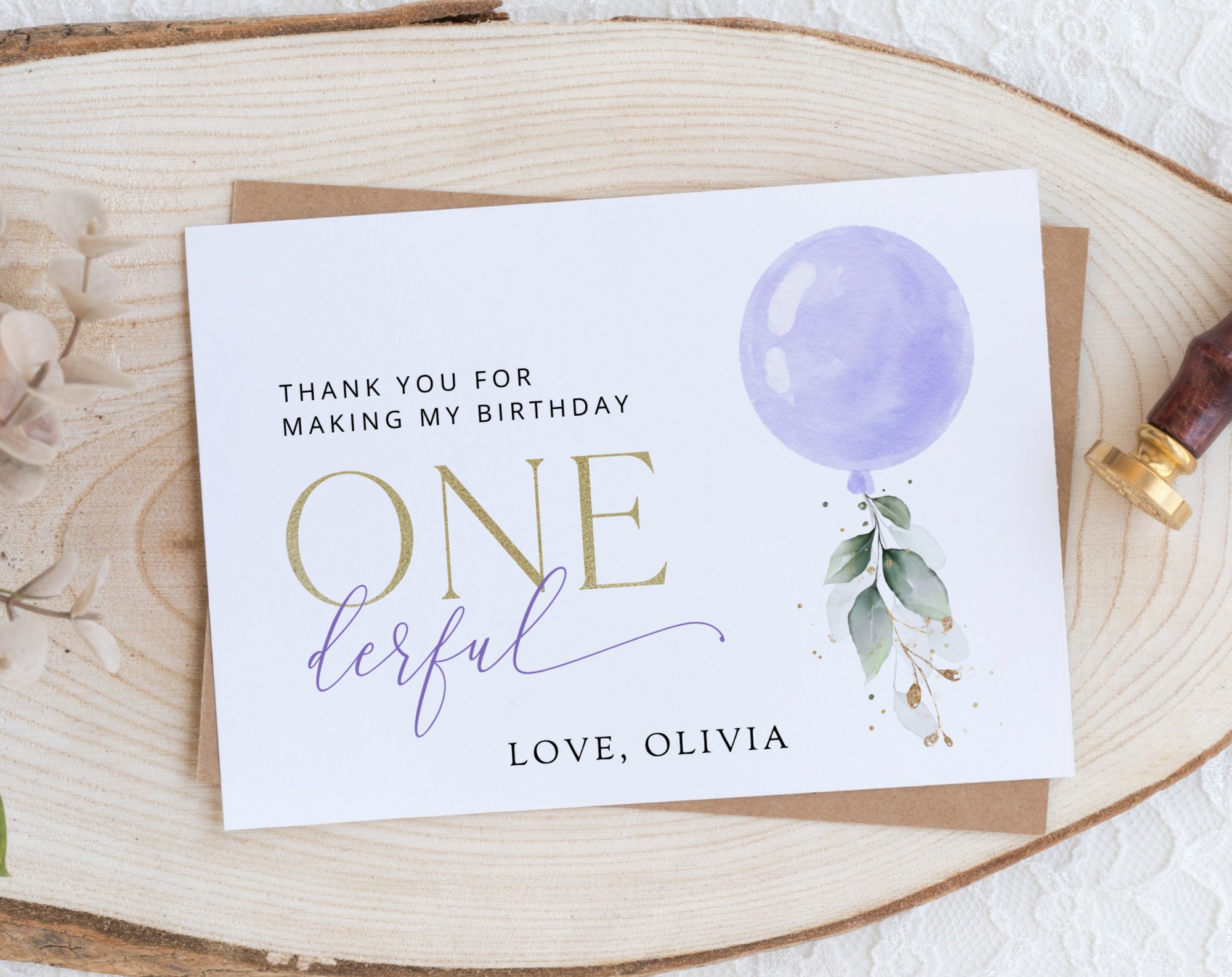 Purple Balloon Thank You Card, First Birthday, Girl Birthday, Printable File, Edit Yourself, SH106