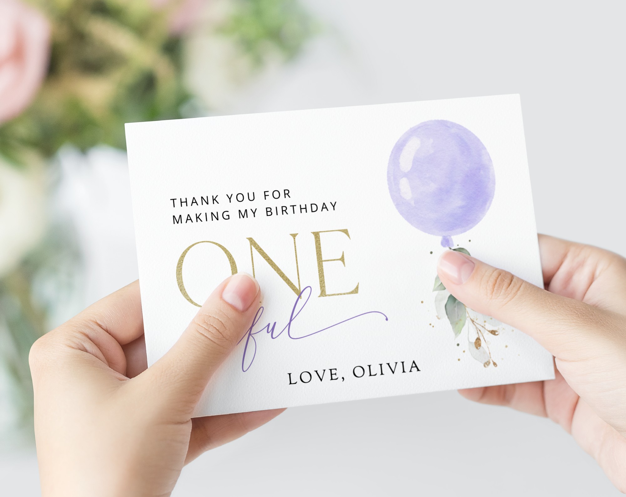 Purple Balloon Thank You Card, First Birthday, Girl Birthday, Printable File, Edit Yourself, SH106