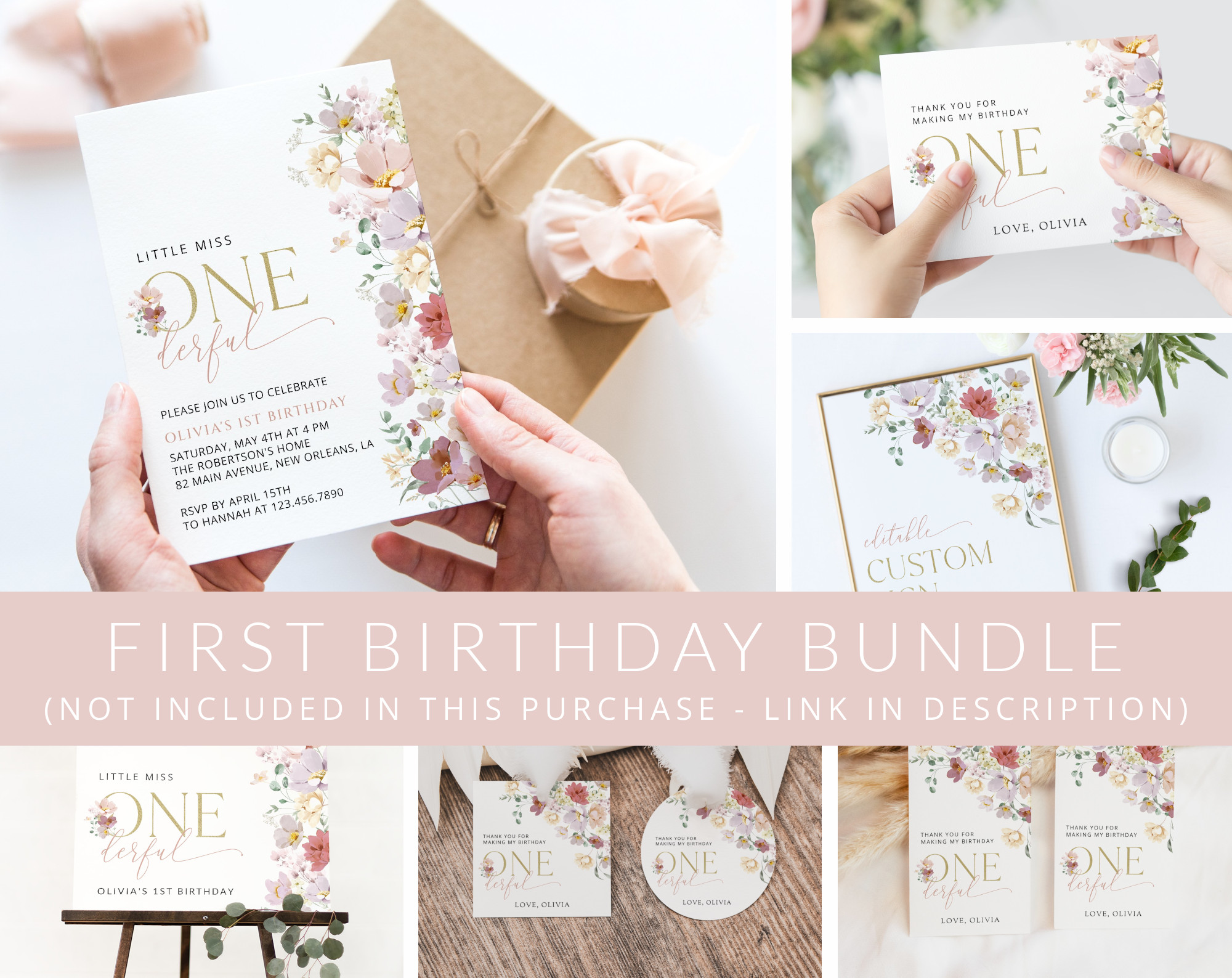 Colorful Flowers First Birthday Mini Bundle, Girl Birthday, Printable File, Edit Yourself, SH107
