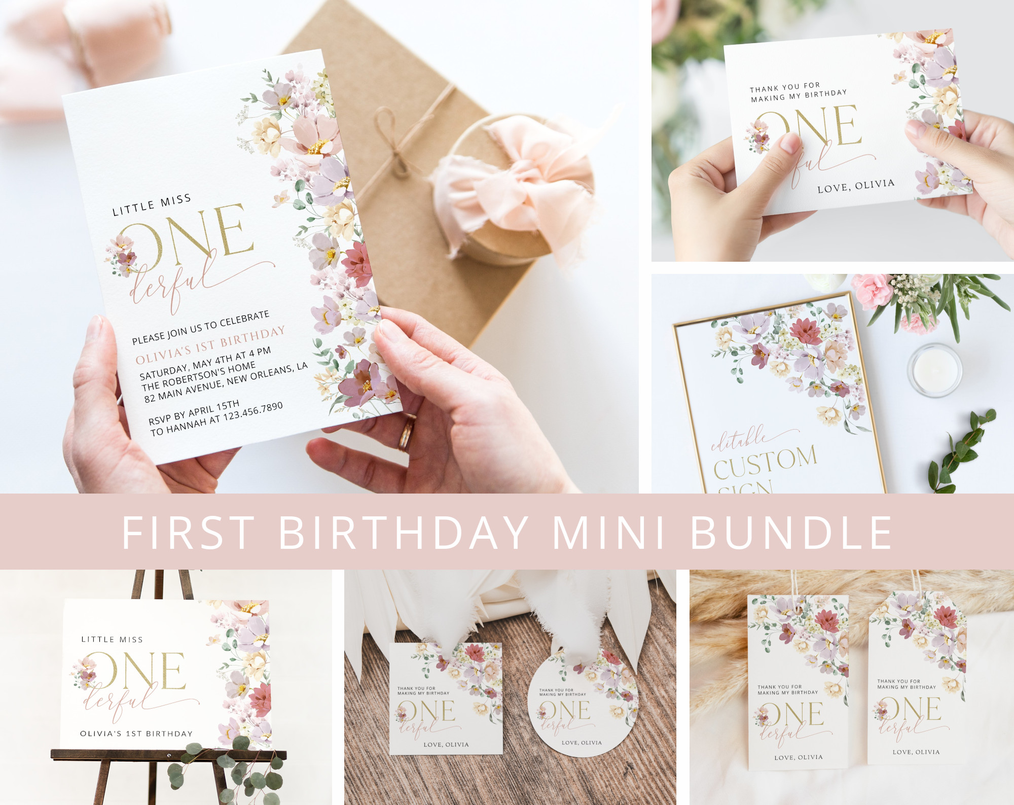 Colorful Flowers First Birthday Mini Bundle, Girl Birthday, Printable File, Edit Yourself, SH107