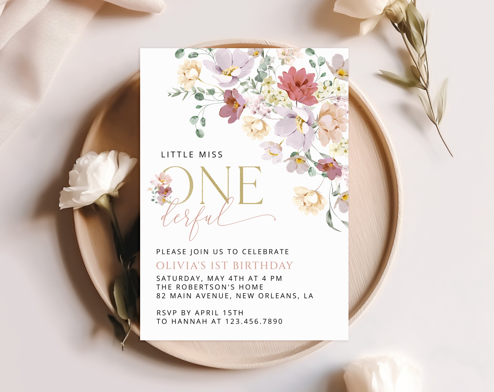 Colorful Flowers First Birthday Invite, Birthday Stationery, Girl Birthday, Printable File, Edit Yourself, SH107