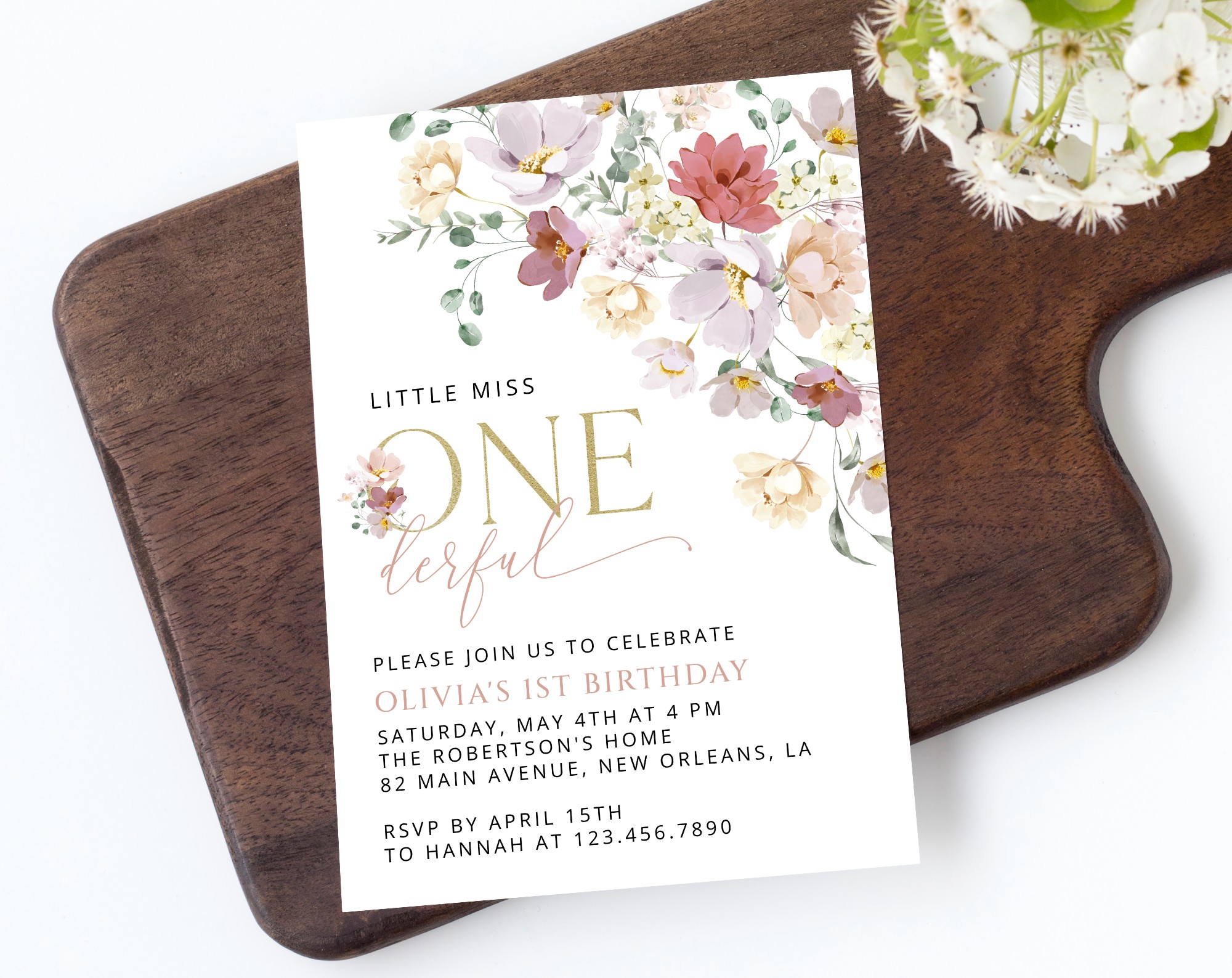 Colorful Flowers First Birthday Invite, Birthday Stationery, Girl Birthday, Printable File, Edit Yourself, SH107