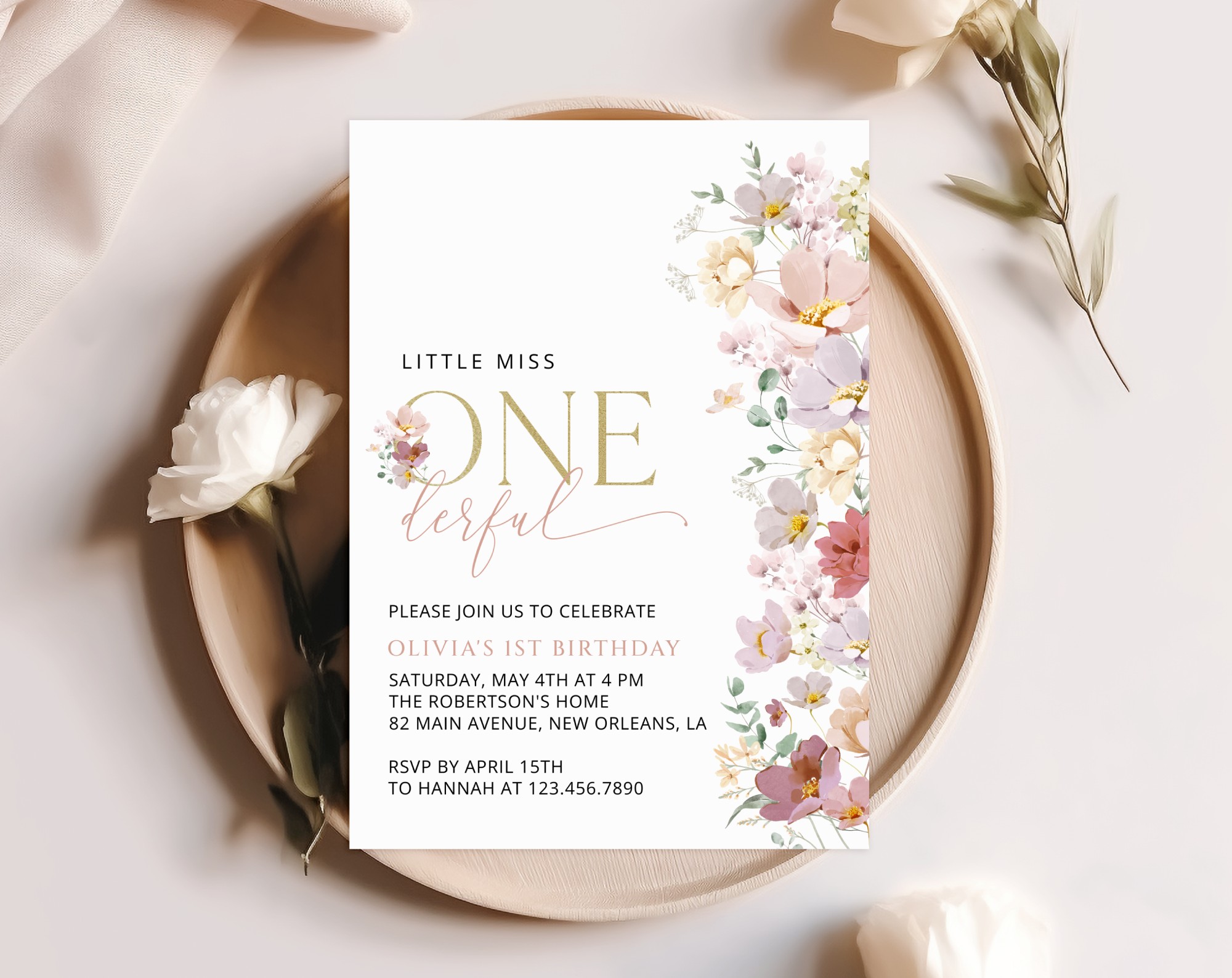 Colorful Flowers First Birthday Invitation, Birthday Stationery, Girl Birthday, Printable File, Edit Yourself, SH107
