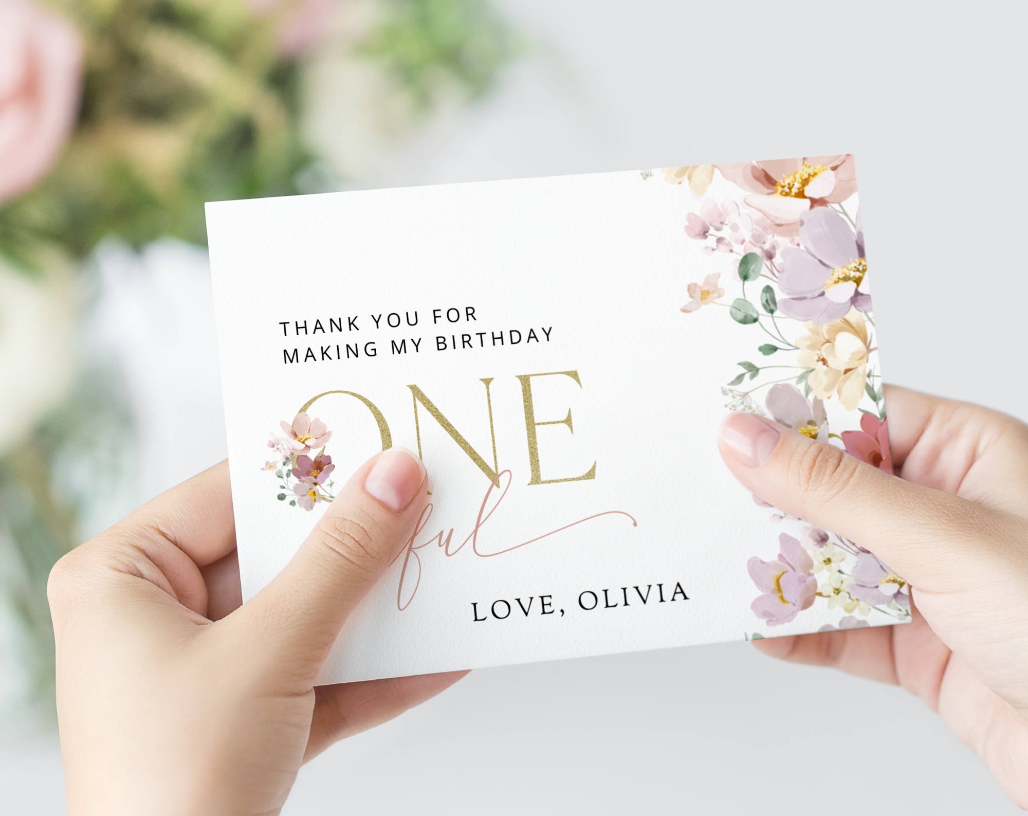 Colorful Flowers Thank You Card, First Birthday, Girl Birthday, Printable File, Edit Yourself, SH107