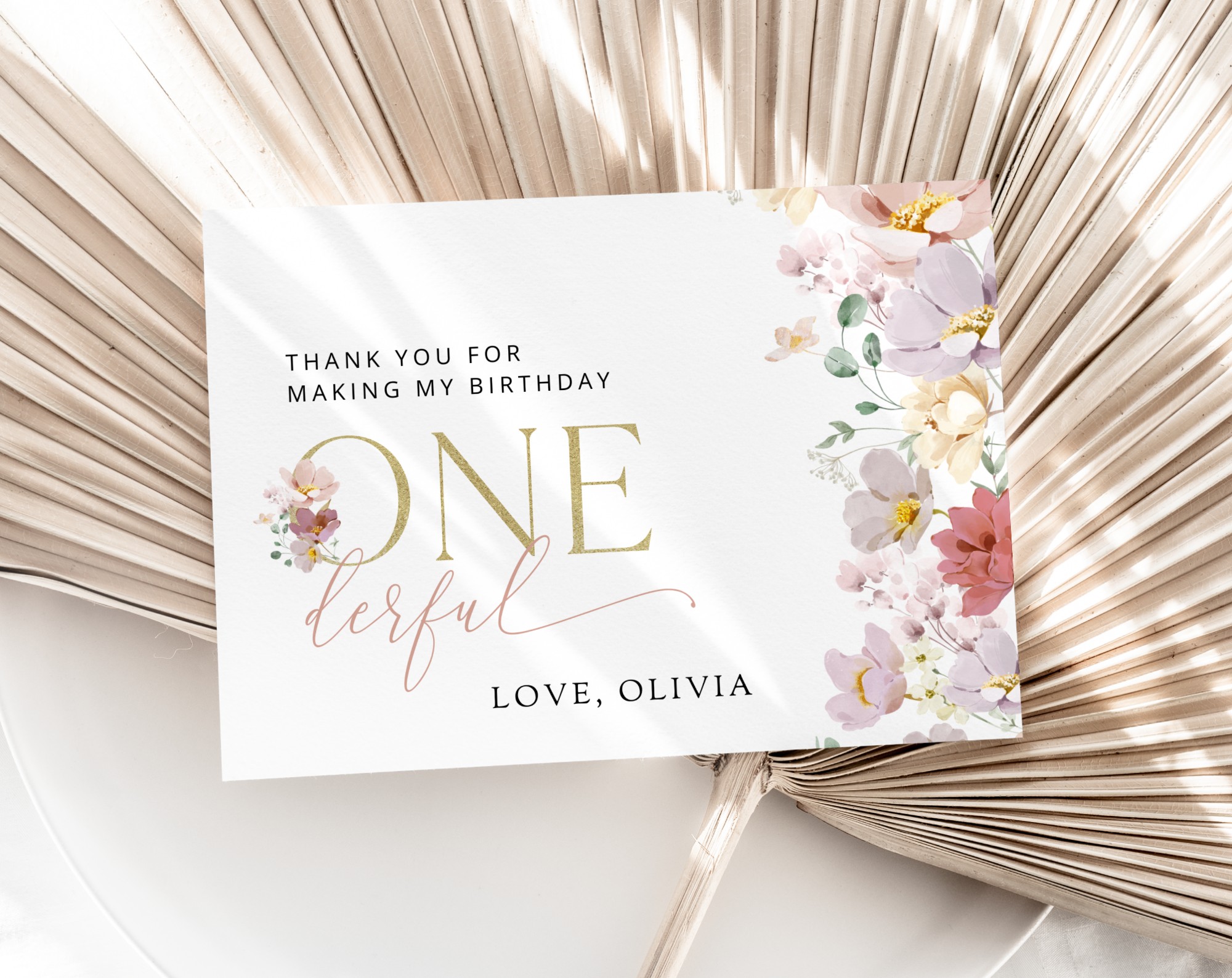 Colorful Flowers Thank You Card, First Birthday, Girl Birthday, Printable File, Edit Yourself, SH107