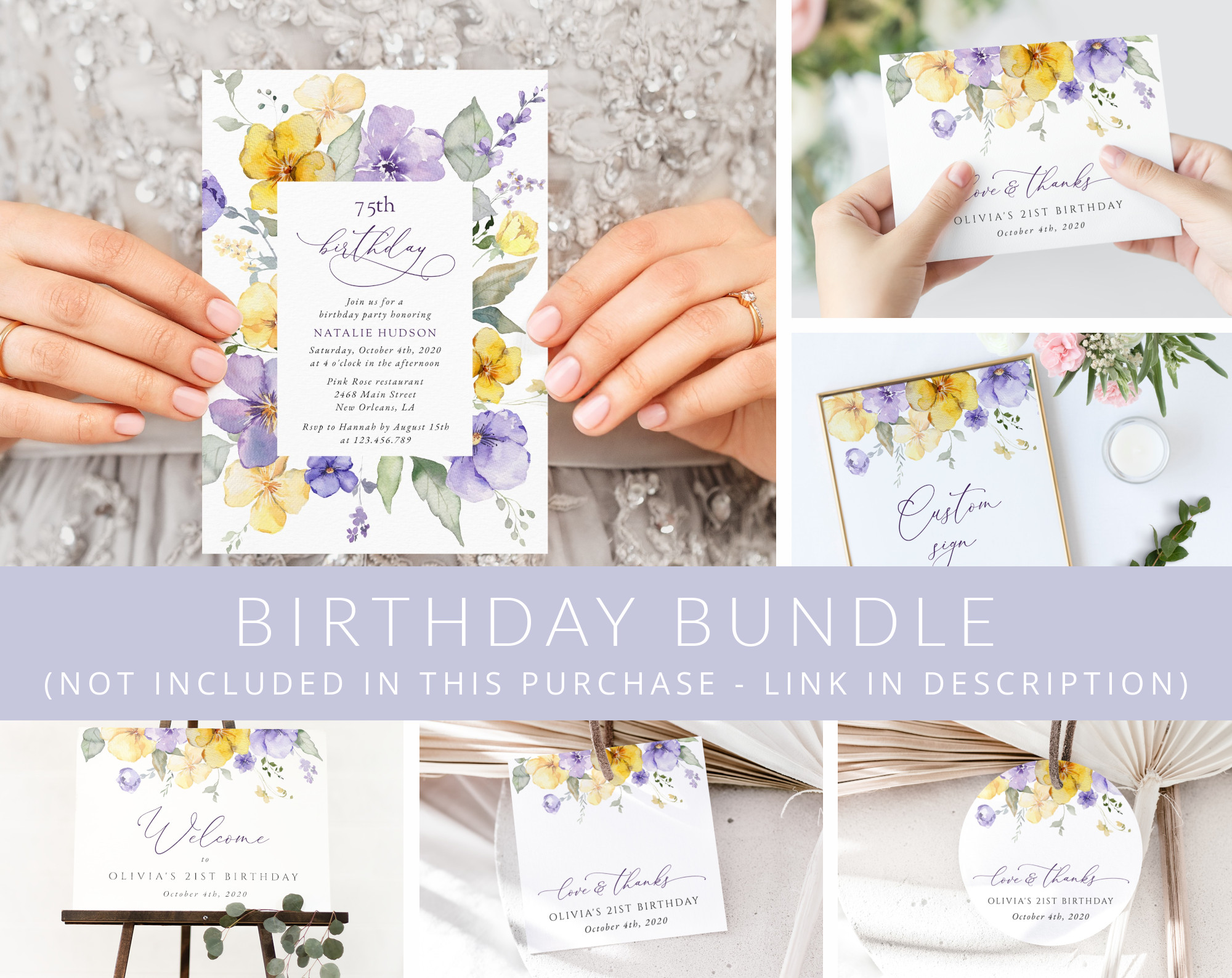 Purple and Yellow Flowers Birthday Mini Bundle, Girl Birthday, Any Birthday, Printable File, Edit Yourself, SH108 Purple and Yellow Flowers Birthday Mini Bundle, Girl Birthday, Any Birthday, Printable File, Edit Yourself, SH108