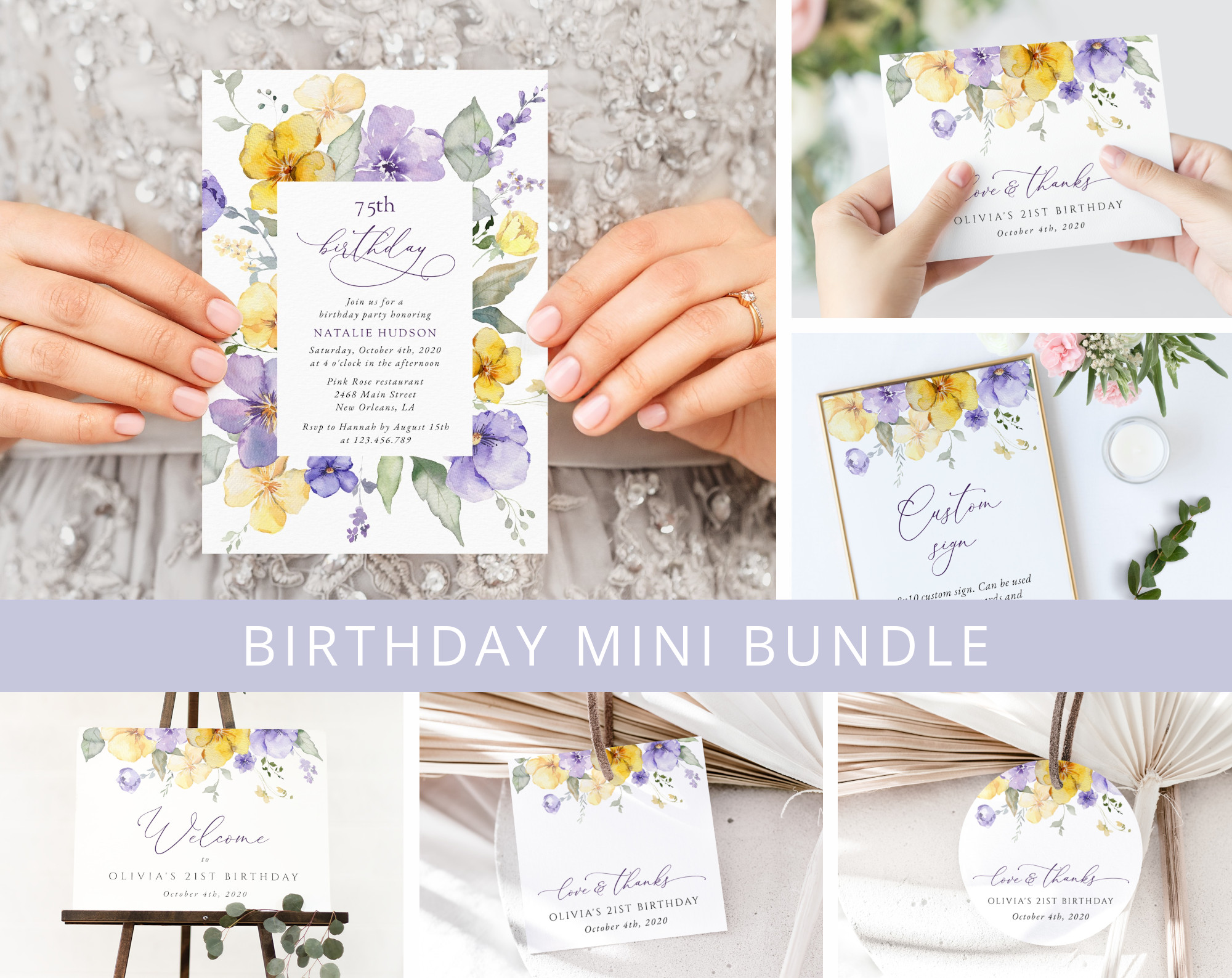 Purple and Yellow Flowers Birthday Mini Bundle, Girl Birthday, Any Birthday, Printable File, Edit Yourself, SH108 Purple and Yellow Flowers Birthday Mini Bundle, Girl Birthday, Any Birthday, Printable File, Edit Yourself, SH108