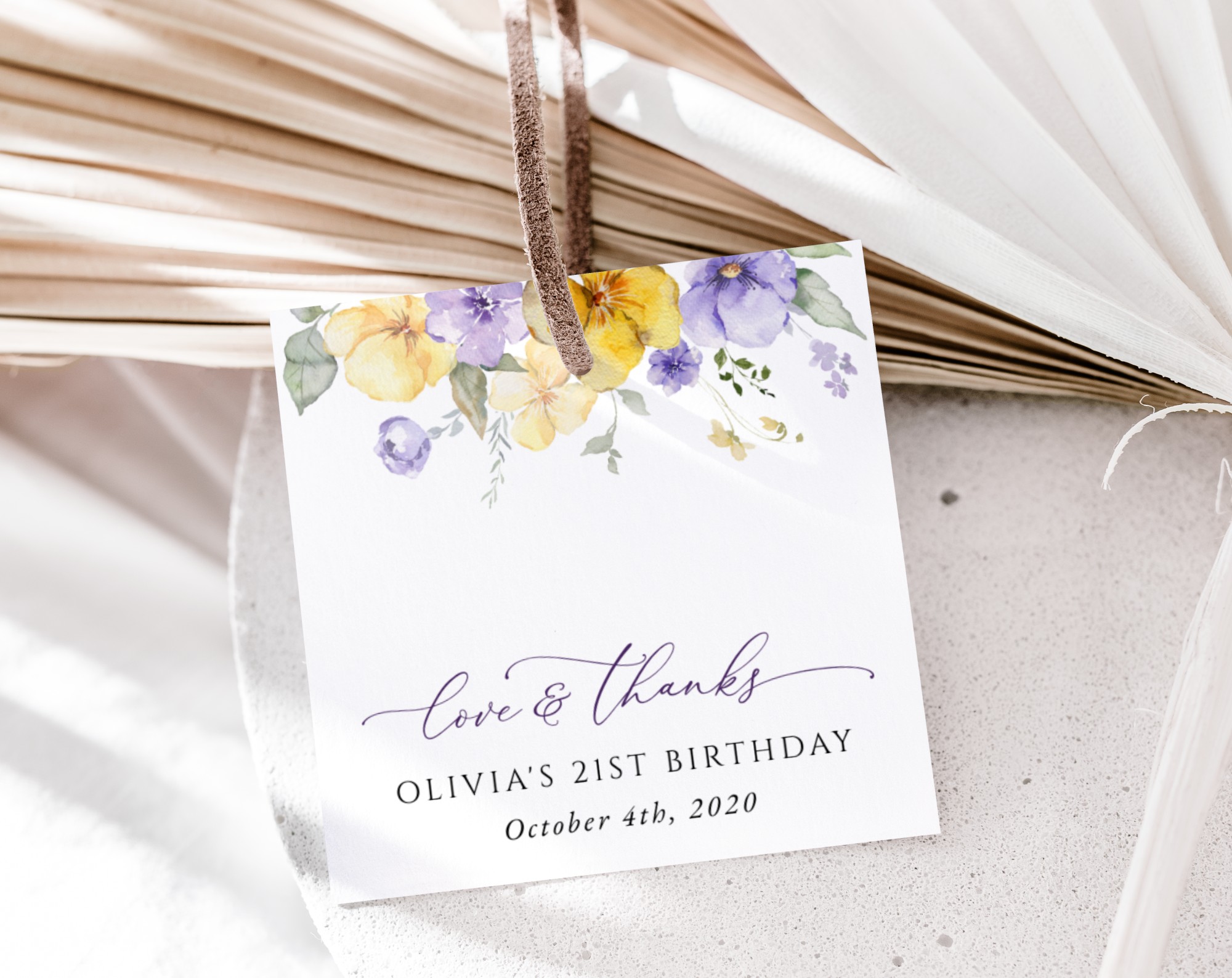 Purple and Yellow Flowers Favor Tags, Gift Tags, Girl Birthday, Printable File, Edit Yourself, SH108