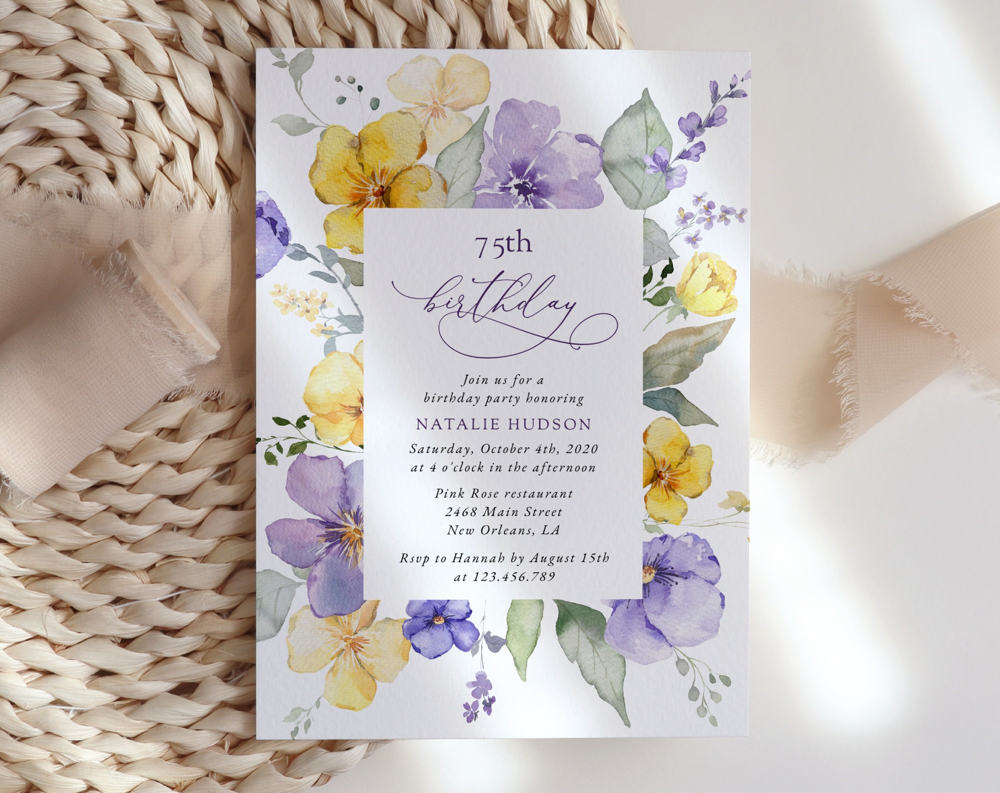 Purple and Yellow Flowers Birthday Invitation, Girl Birthday, Any Birthday, Printable File, Edit Yourself, SH108