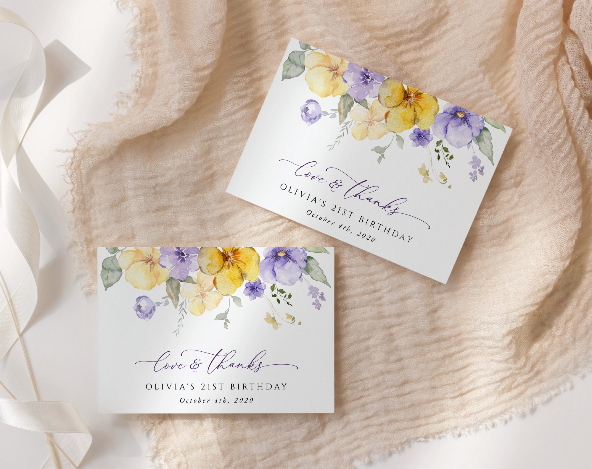 Purple and Yellow Flowers Thank You Card, Girl Birthday, Printable File, Edit Yourself, SH108