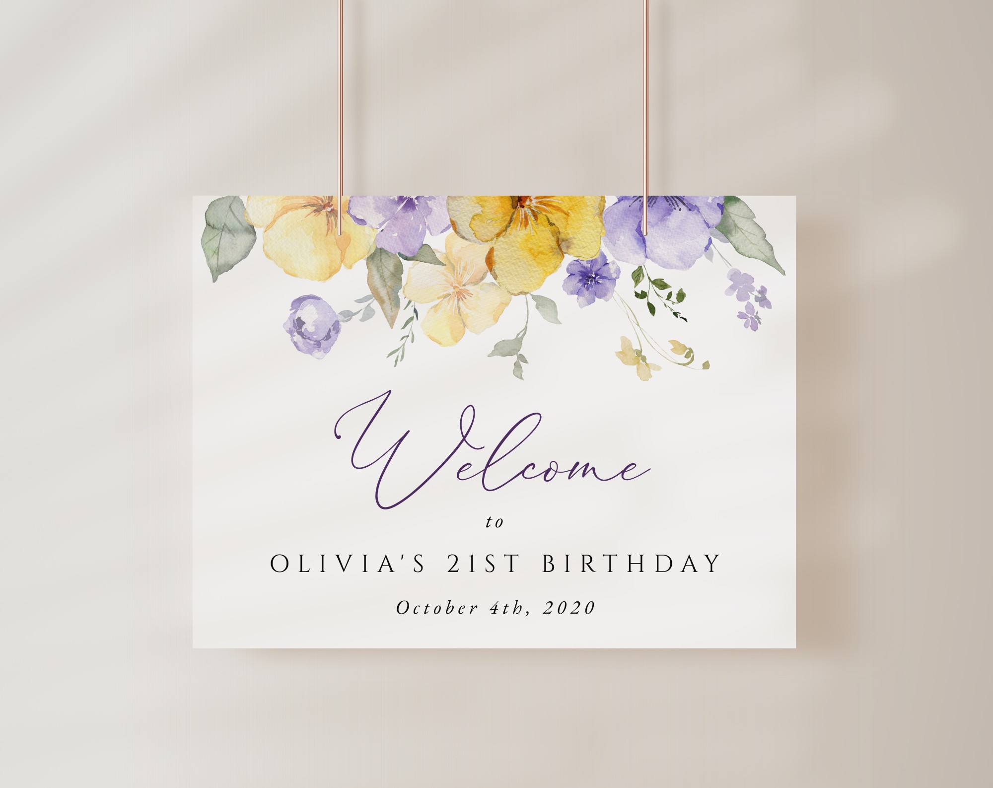 Purple and Yellow Flowers Welcome Sign, Birthday Sign, Girl Birthday, Printable File, Edit Yourself, SH108 Purple and Yellow Flowers Welcome Sign, Birthday Sign, Girl Birthday, Printable File, Edit Yourself, SH108