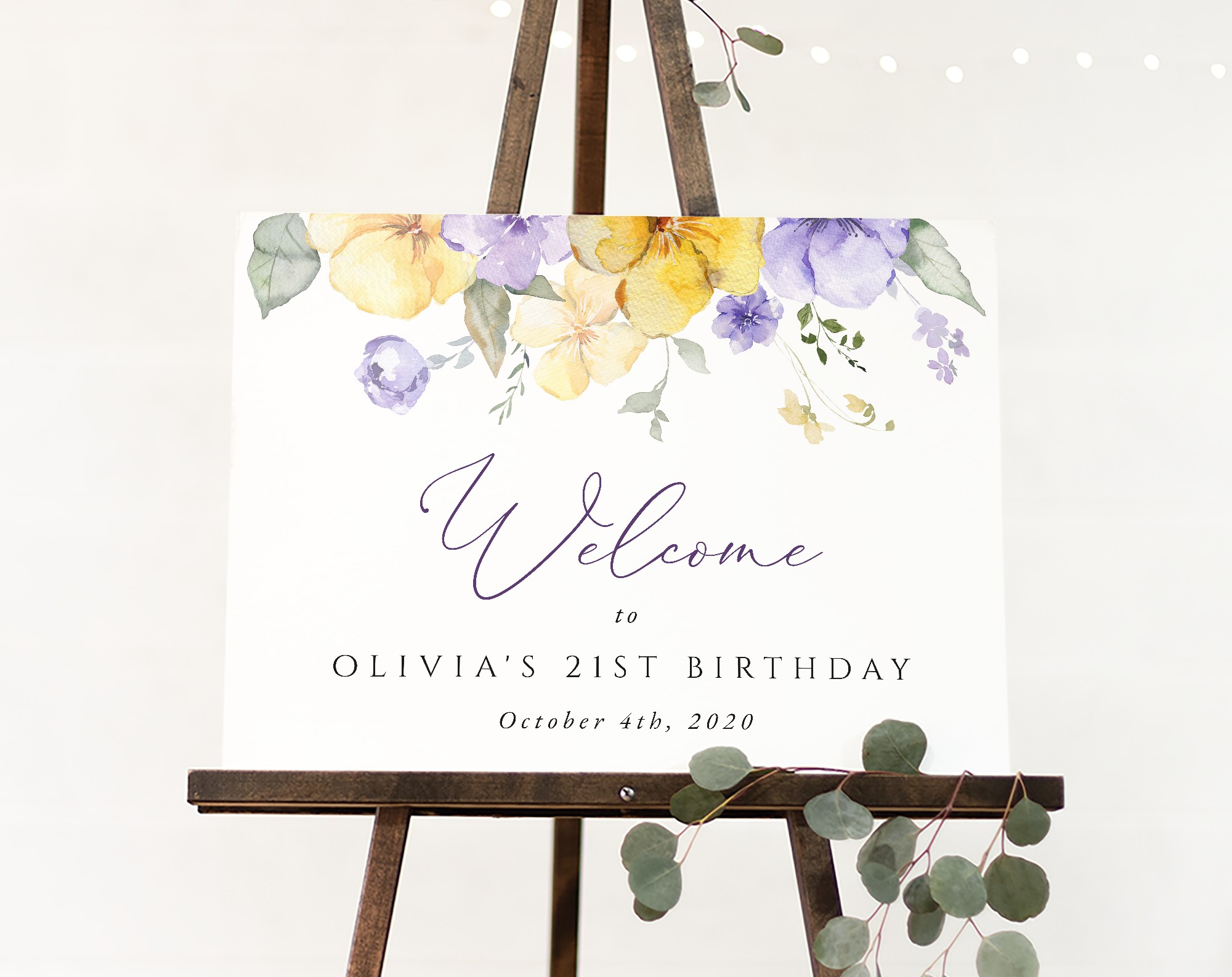 Purple and Yellow Flowers Welcome Sign, Birthday Sign, Girl Birthday, Printable File, Edit Yourself, SH108