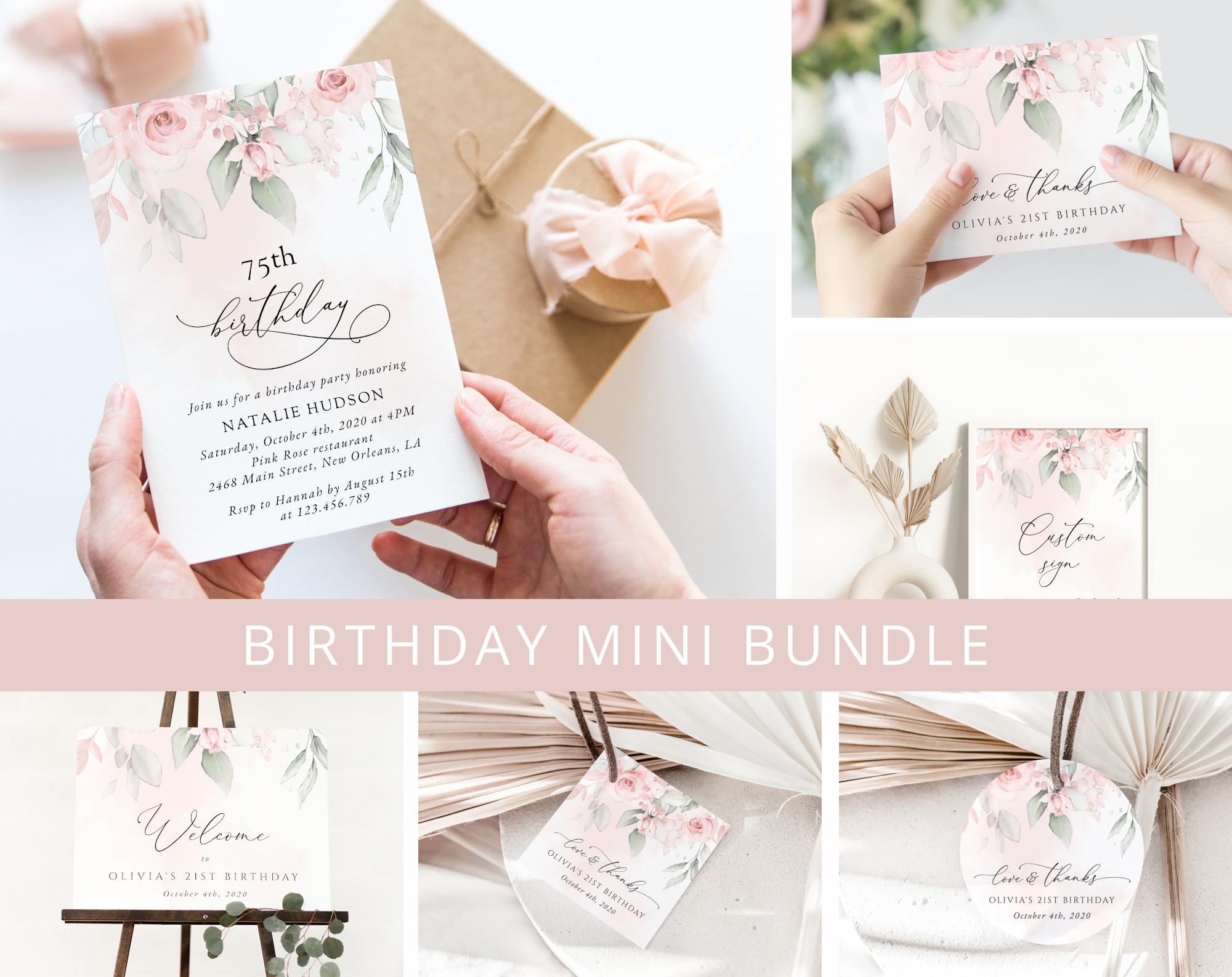 Blush Pink Flowers Birthday Mini Bundle, Girl Birthday, Any Birthday, Printable File, Edit Yourself, SH109
