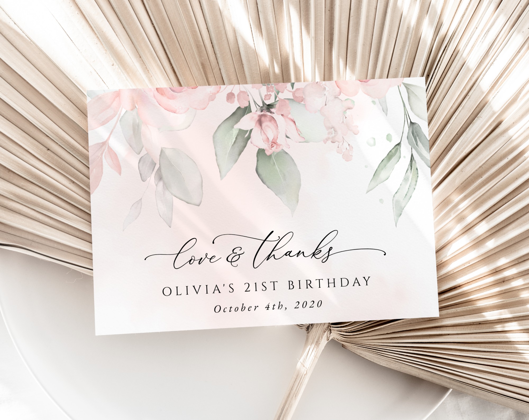 Blush Pink Flowers Thank You Card, Girl Birthday, Printable File, Edit Yourself, SH109