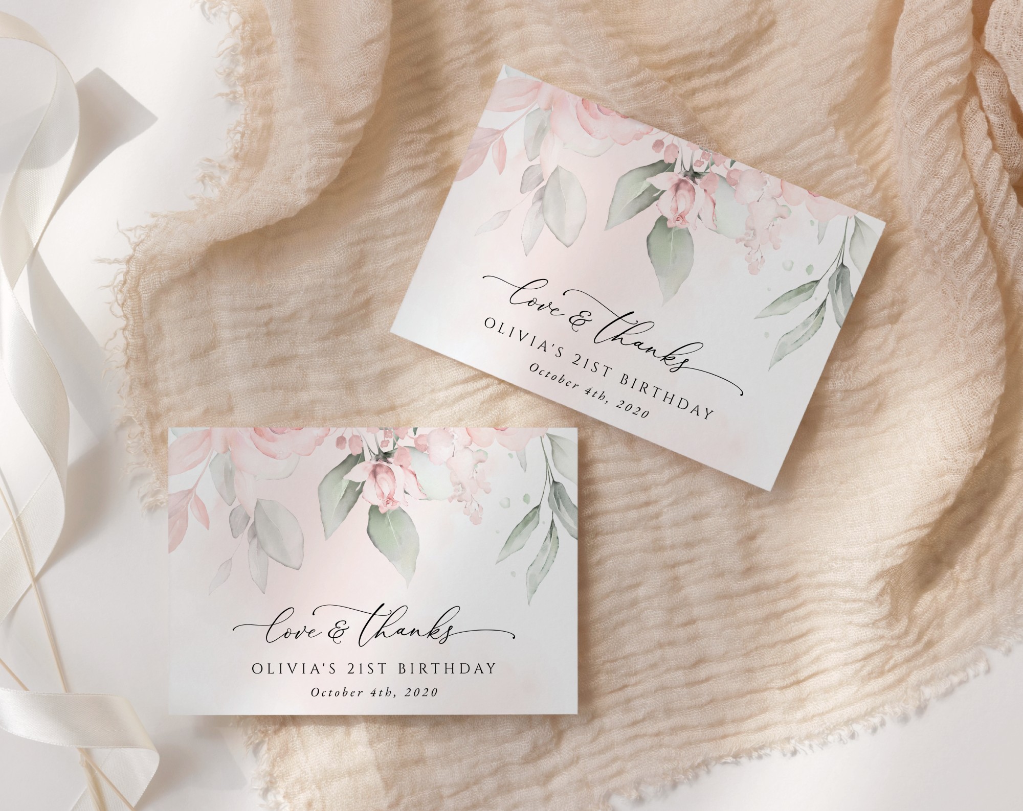 Blush Pink Flowers Thank You Card, Girl Birthday, Printable File, Edit Yourself, SH109