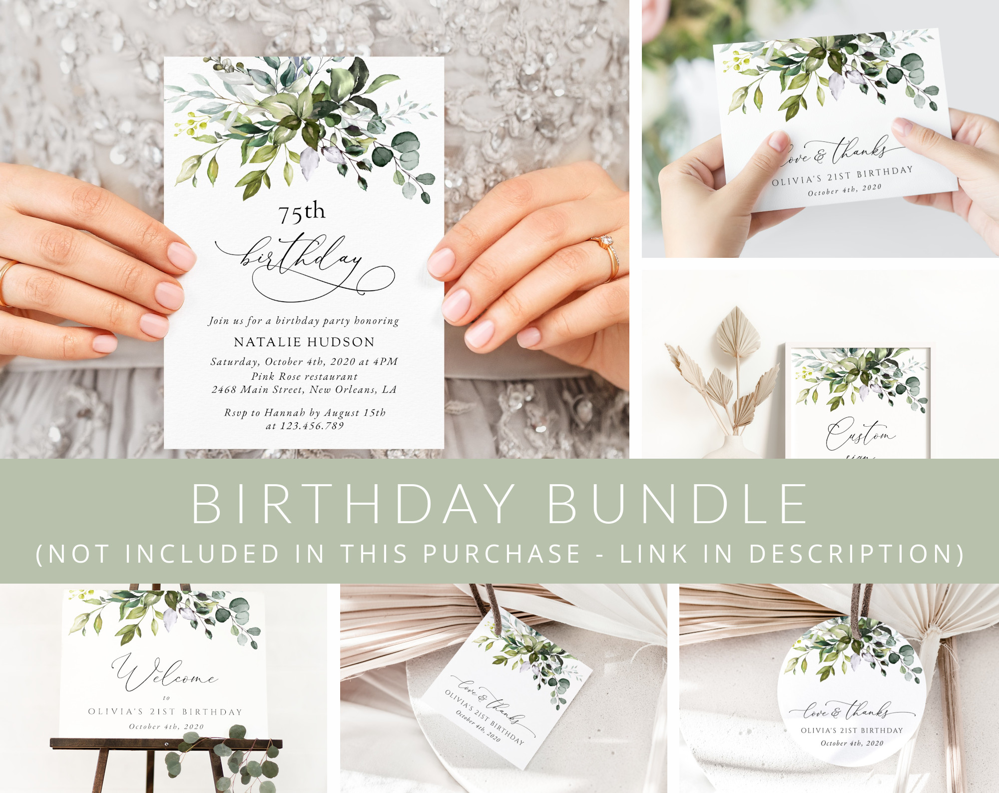 Eucalyptus Leaves Birthday Mini Bundle, Any Birthday, Printable File, Edit Yourself, SH110