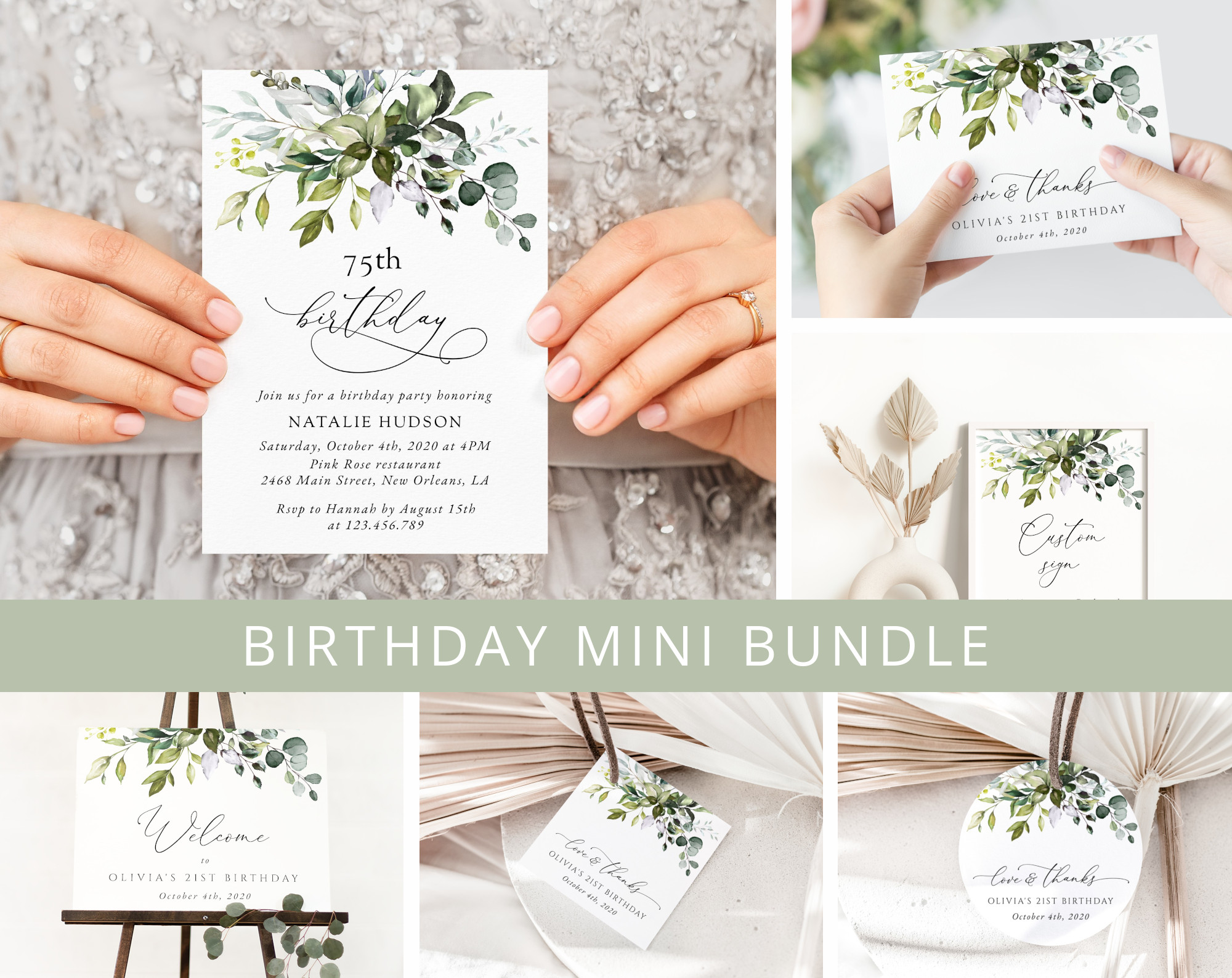 Eucalyptus Leaves Birthday Mini Bundle, Any Birthday, Printable File, Edit Yourself, SH110