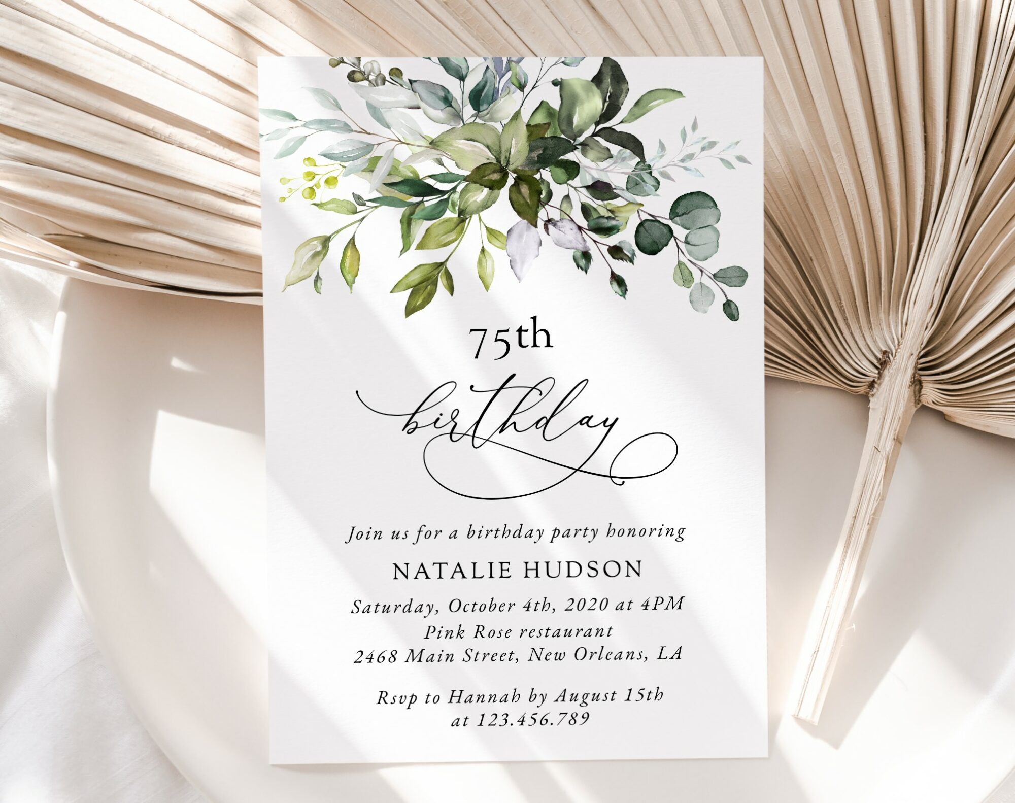Eucalyptus Leaves Birthday Invitation, Any Birthday, Printable File, Edit Yourself, SH110