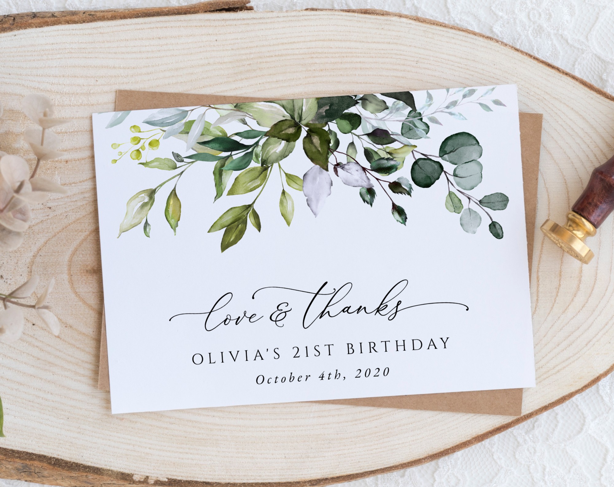 Eucalyptus Leaves Thank You Card, Any Birthday, Printable File, Edit Yourself, SH110