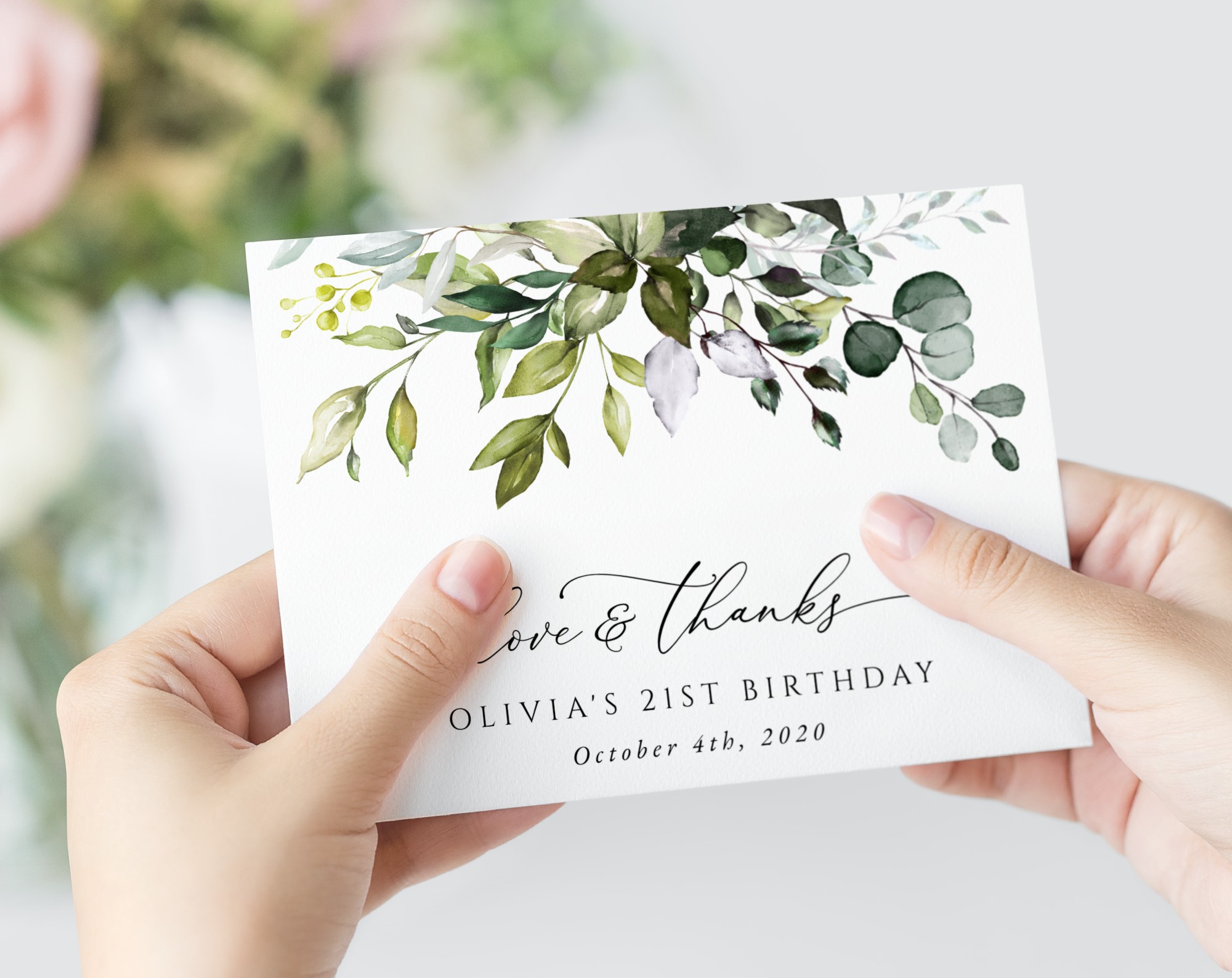 Eucalyptus Leaves Thank You Card, Any Birthday, Printable File, Edit Yourself, SH110