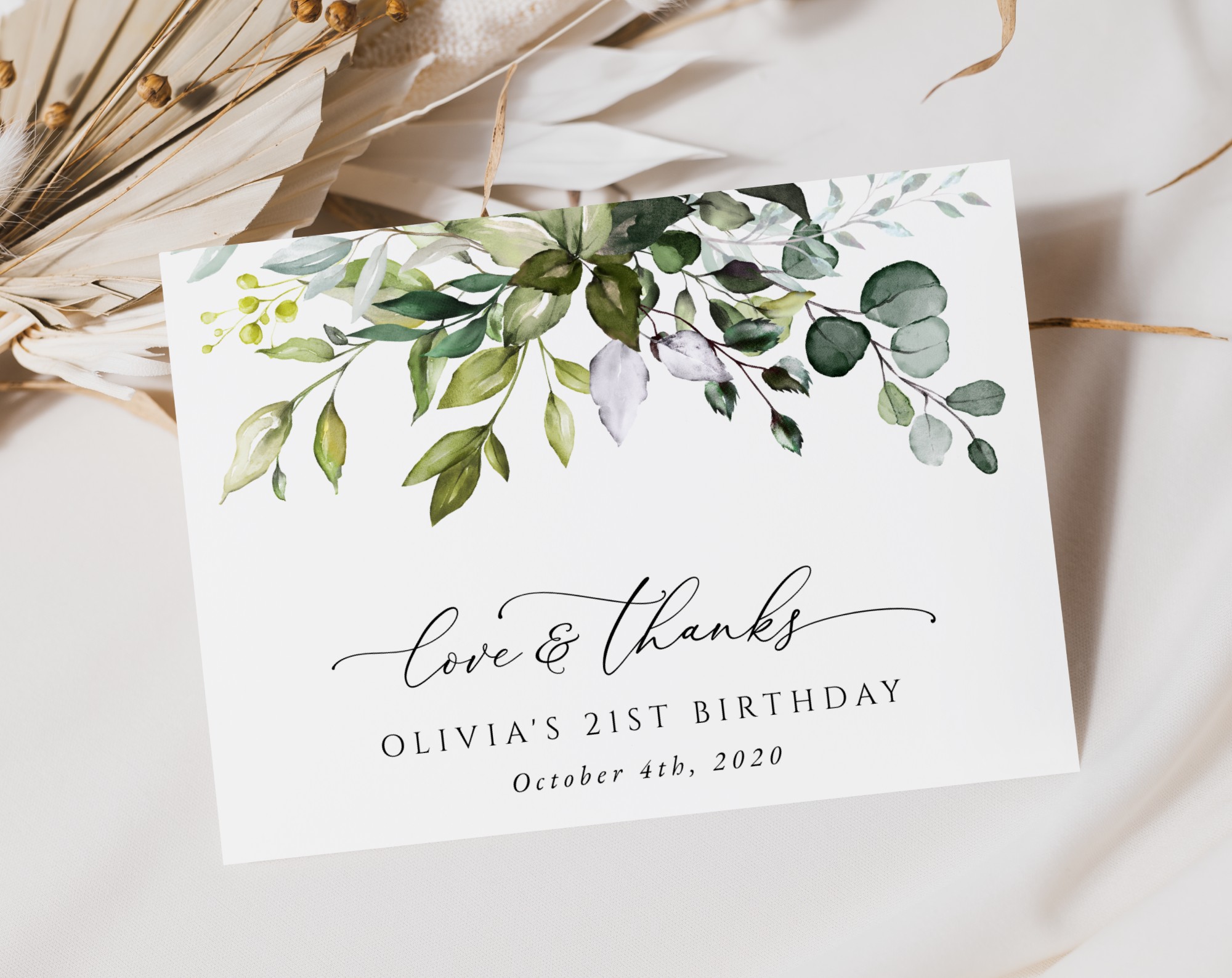 Eucalyptus Leaves Thank You Card, Any Birthday, Printable File, Edit Yourself, SH110