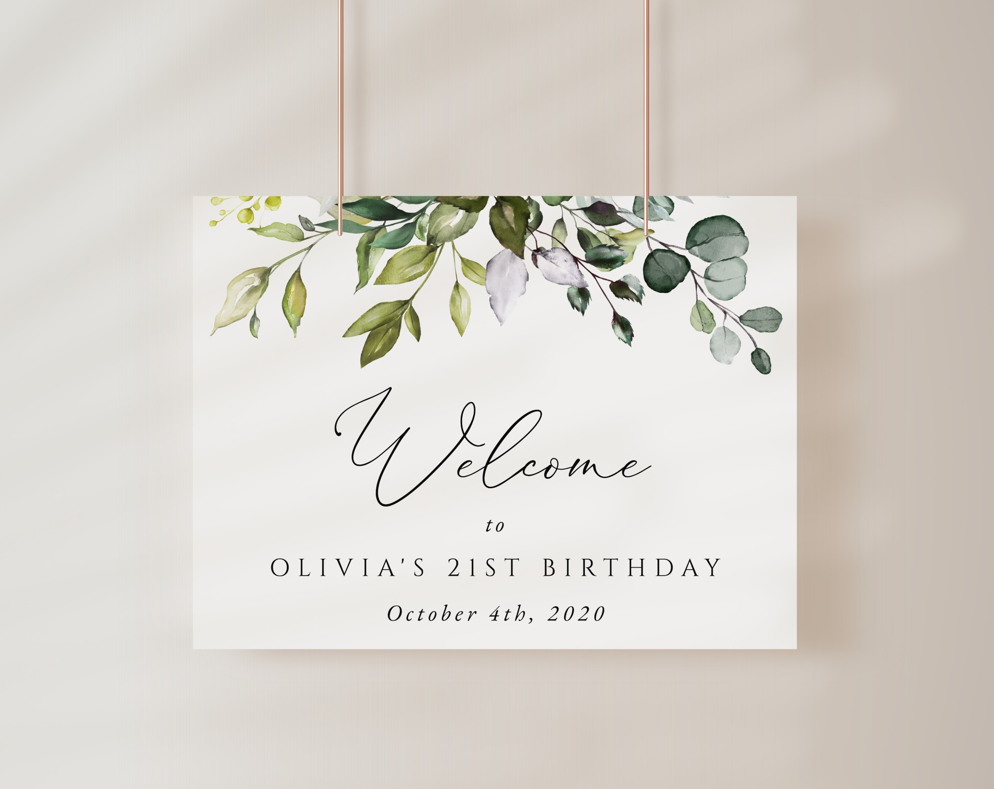 Eucalyptus Leaves Welcome Sign, Birthday Sign, Any Birthday, Printable File, Edit Yourself, SH110